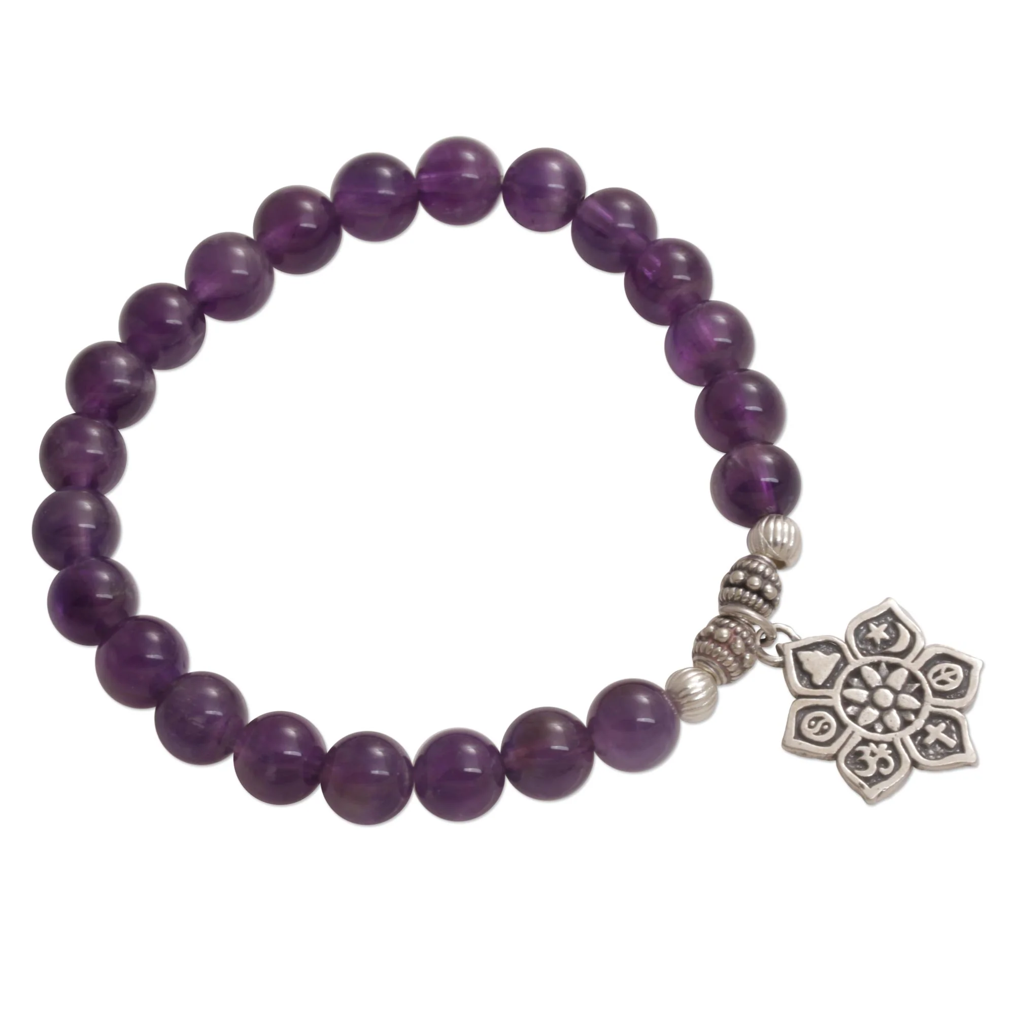 Unity Flower Amethyst Religious Beaded Stretch Bracelet from Bali - Image 5