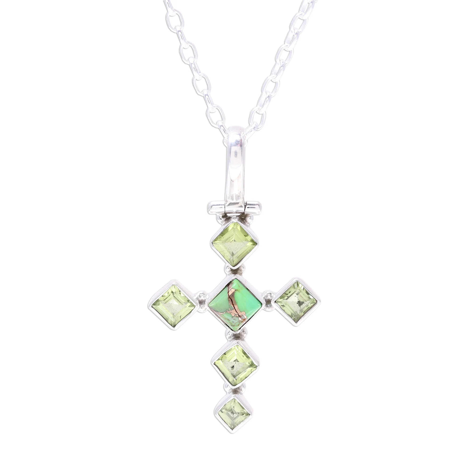 Verdant Cross Peridot and Composite Turquoise Cross Pendant Necklace - Image 2