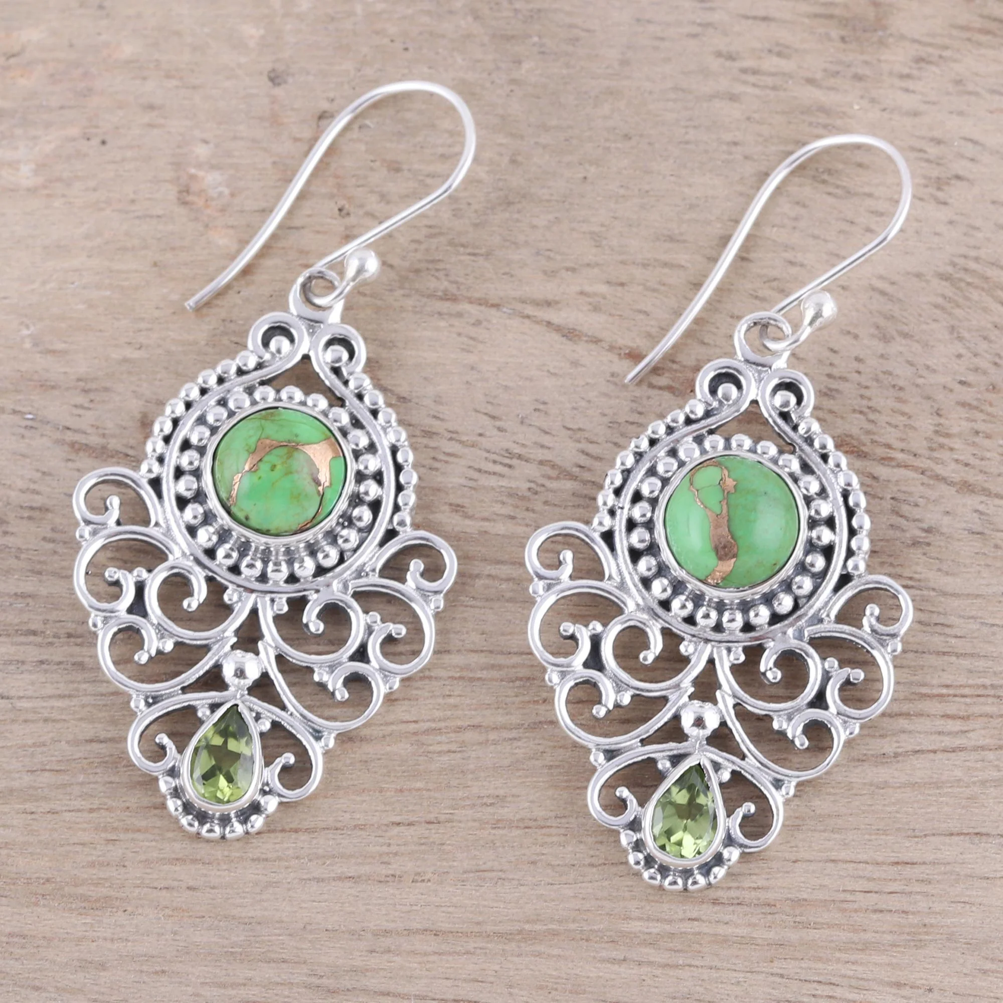 Verdant Ecstasy Pear Peridot and Composite Turquoise Earrings from India - Image 3