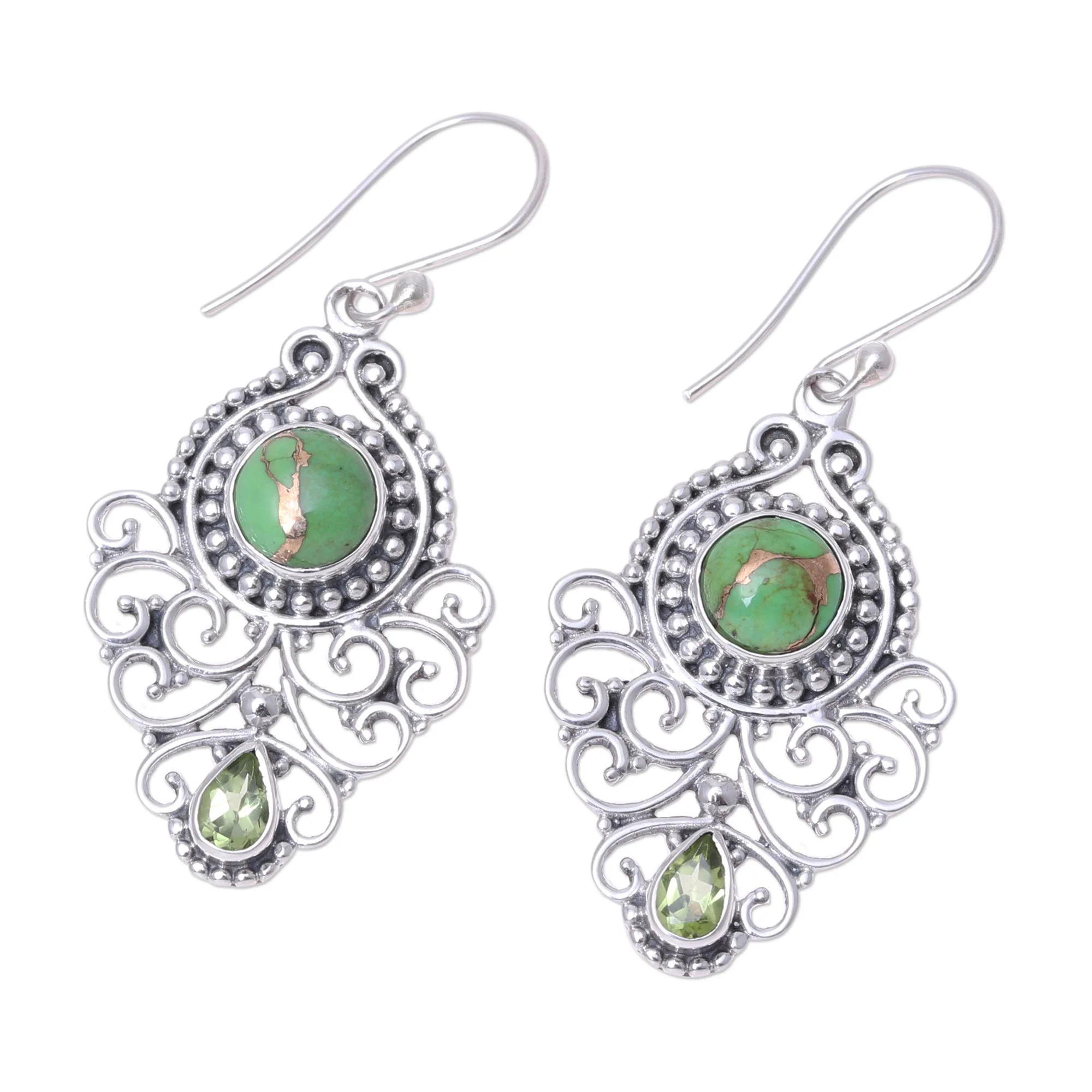 Verdant Ecstasy Pear Peridot and Composite Turquoise Earrings from India - Image 4