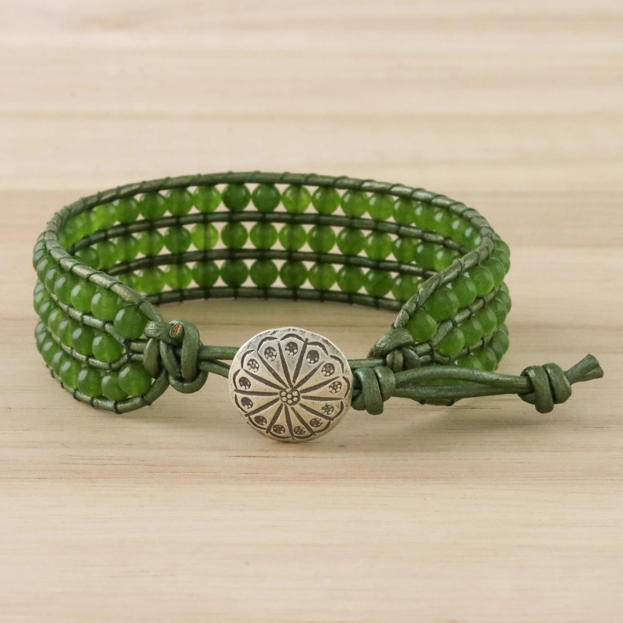 Verdant Field Green Quartz and Karen Silver Button Wristband Bracelet - Image 4