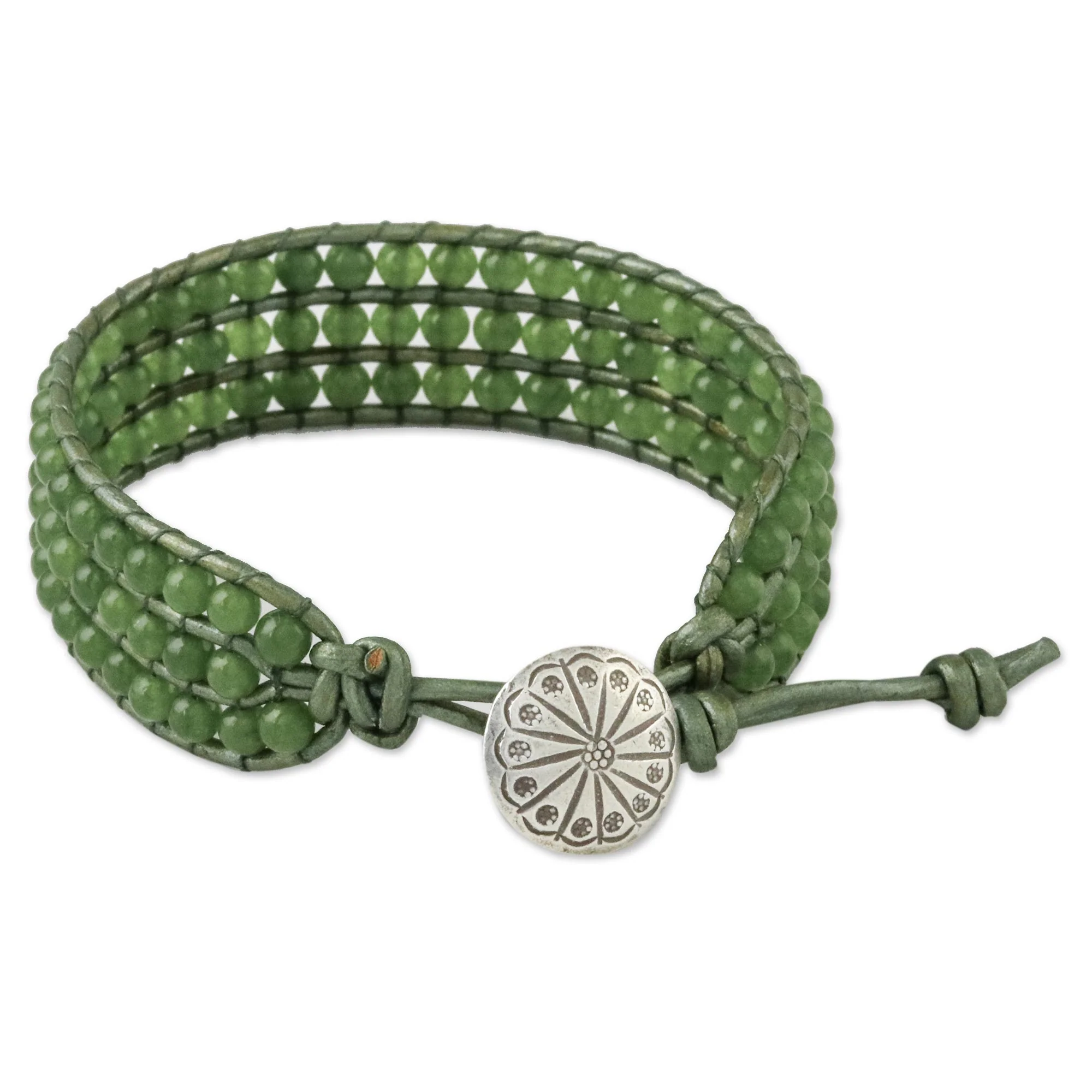 Verdant Field Green Quartz and Karen Silver Button Wristband Bracelet - Image 5