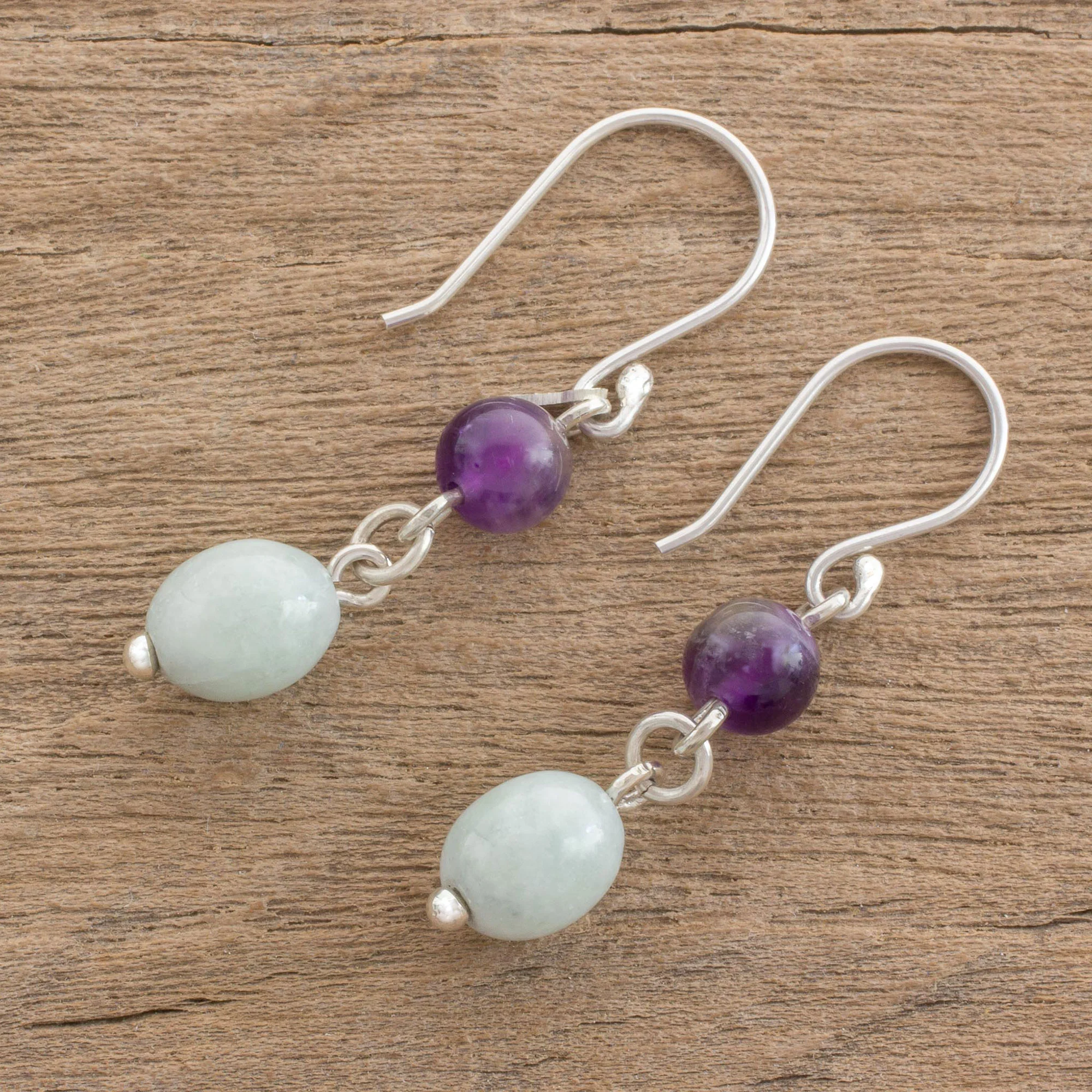 Verdant Jacaranda Jade and Amethyst Dangle Earrings from Guatemala - Image 3