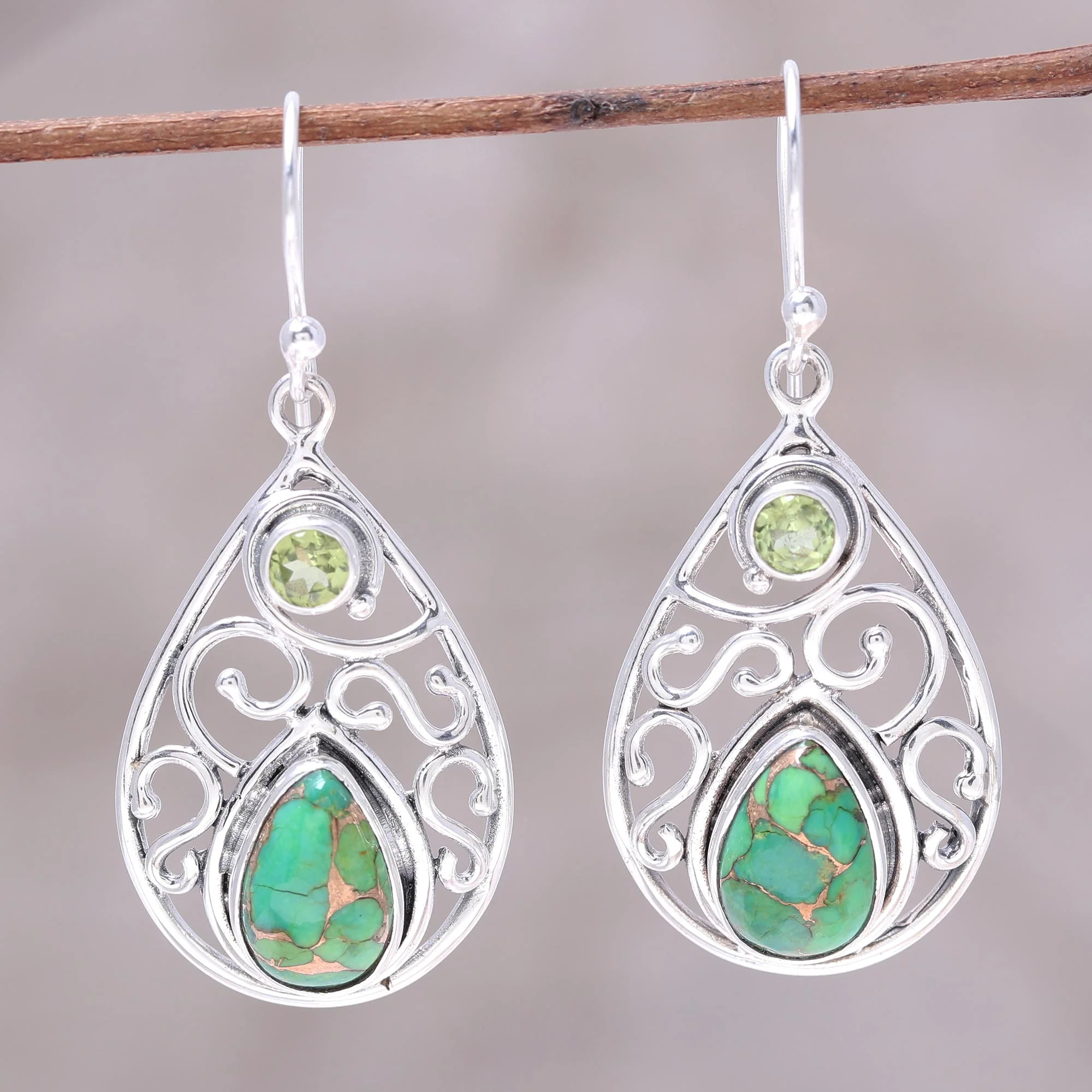 Verdant Sparkle Peridot and Teardrop Green Turquoise Earrings from India