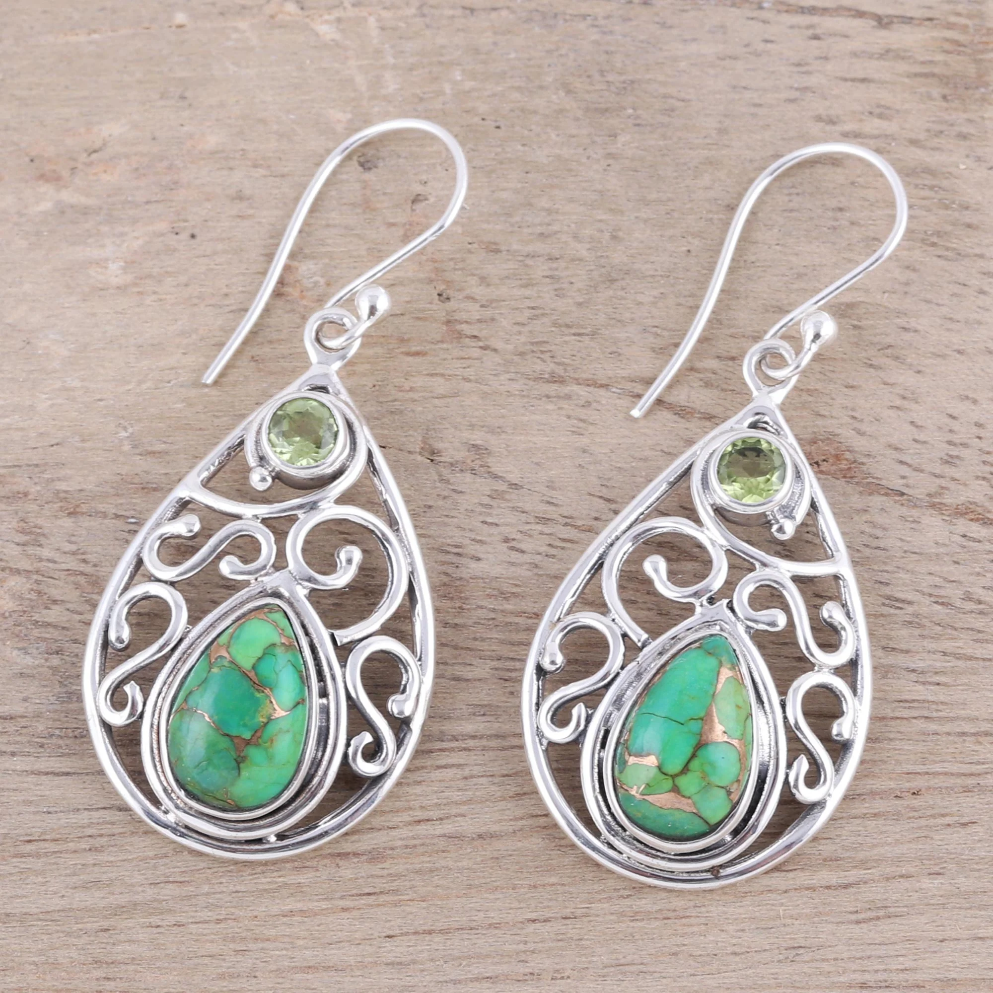 Verdant Sparkle Peridot and Teardrop Green Turquoise Earrings from India - Image 3