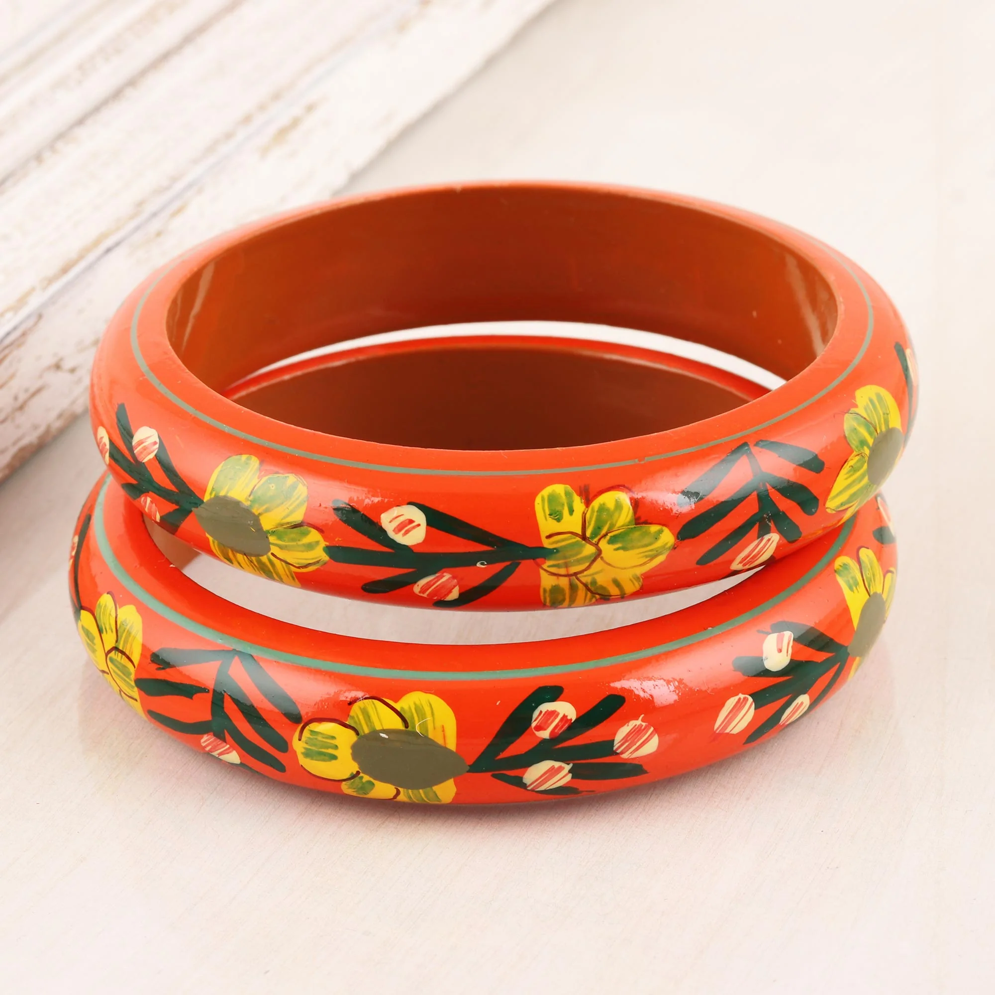 Vermilion Garden Floral Haldu Wood Bangle Bracelets in Vermilion (Pair) - Image 3