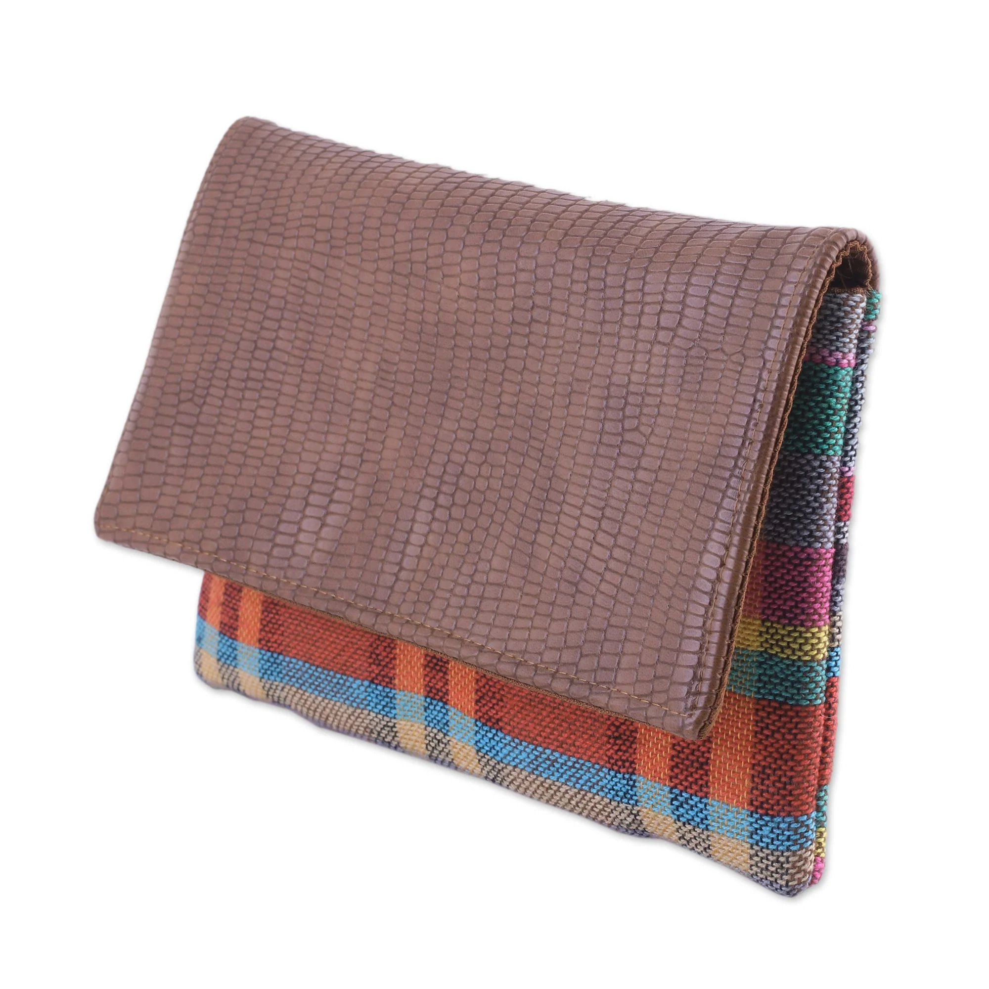 Vibrant Checks Leather Accent Cotton Clutch with Checks from India - Image 4