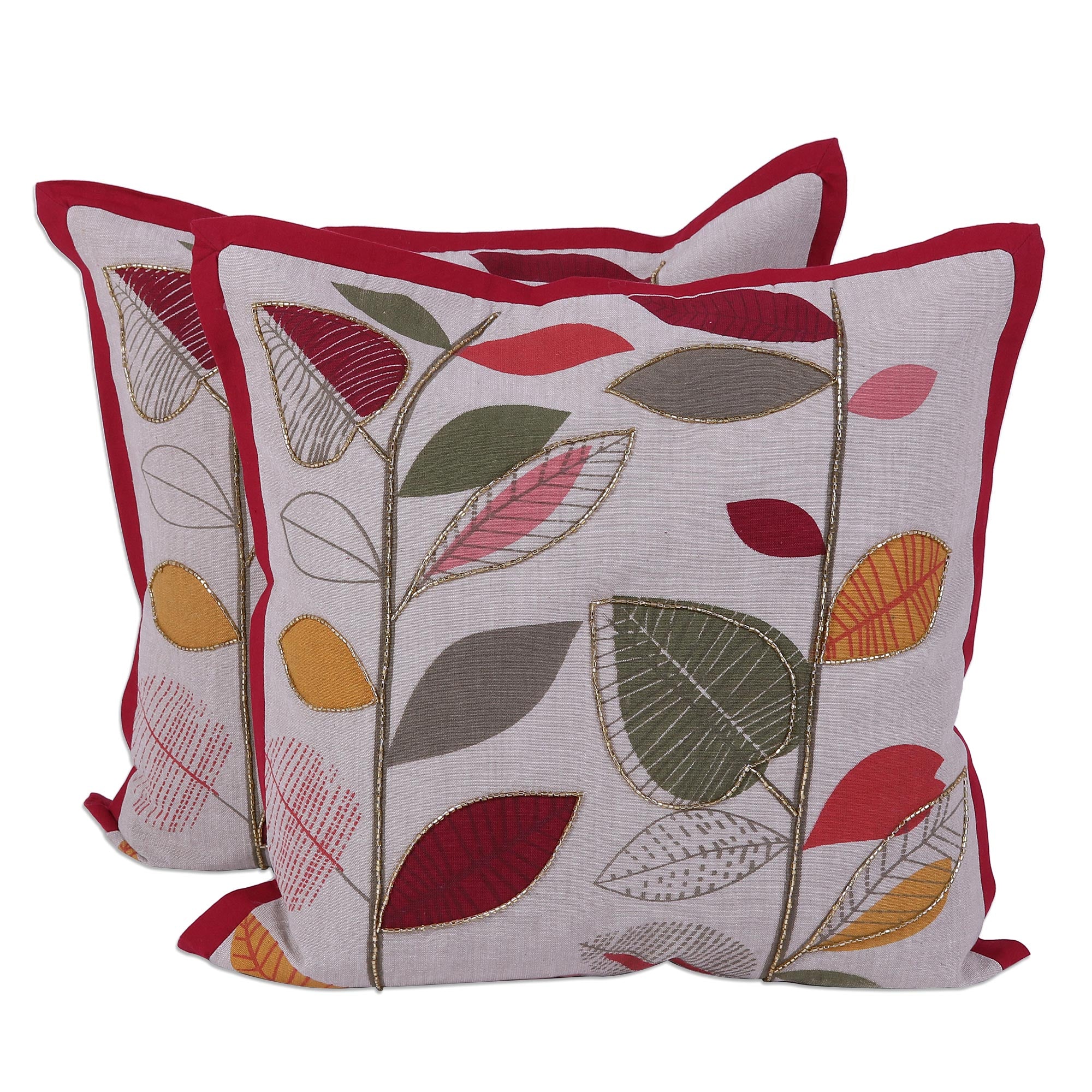 Vibrant Leaves Multicolored Cotton Cushion Covers with Leaf Motifs (Pair) - Image 2