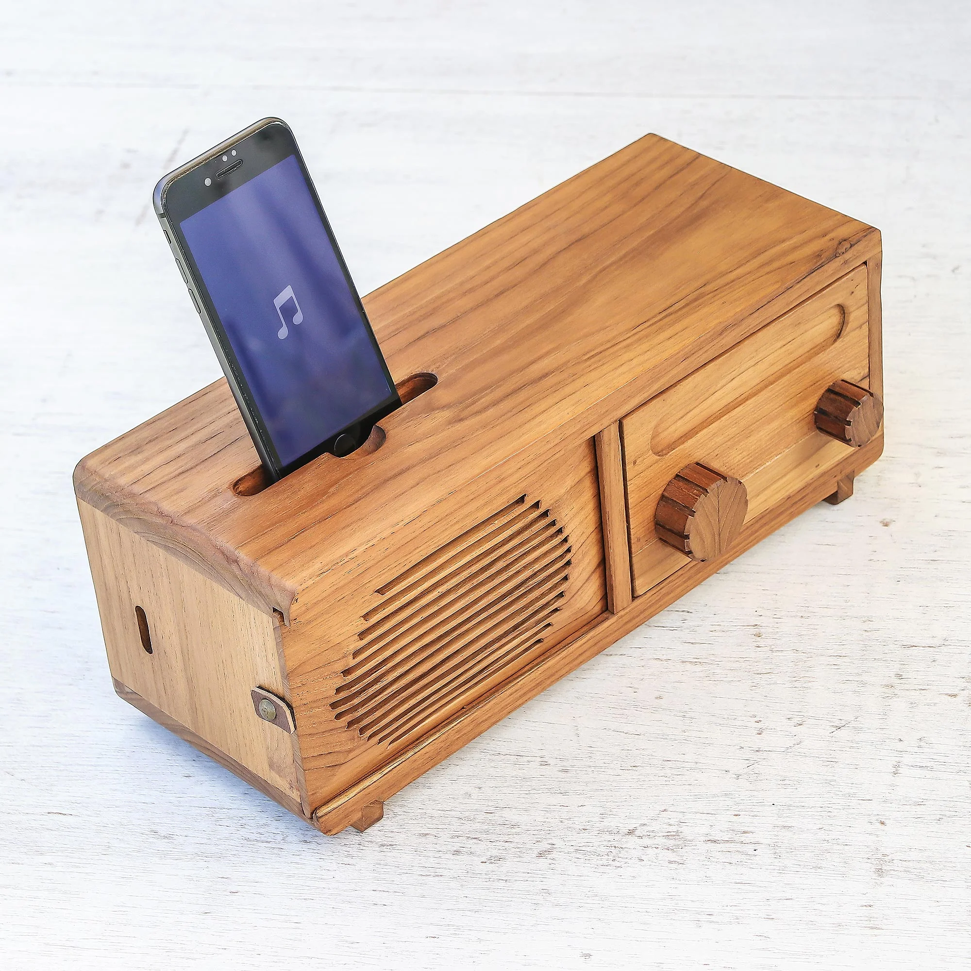 Vintage Radio Teak Wood Phone Speaker Shaped Like a Vintage Radio - Image 5