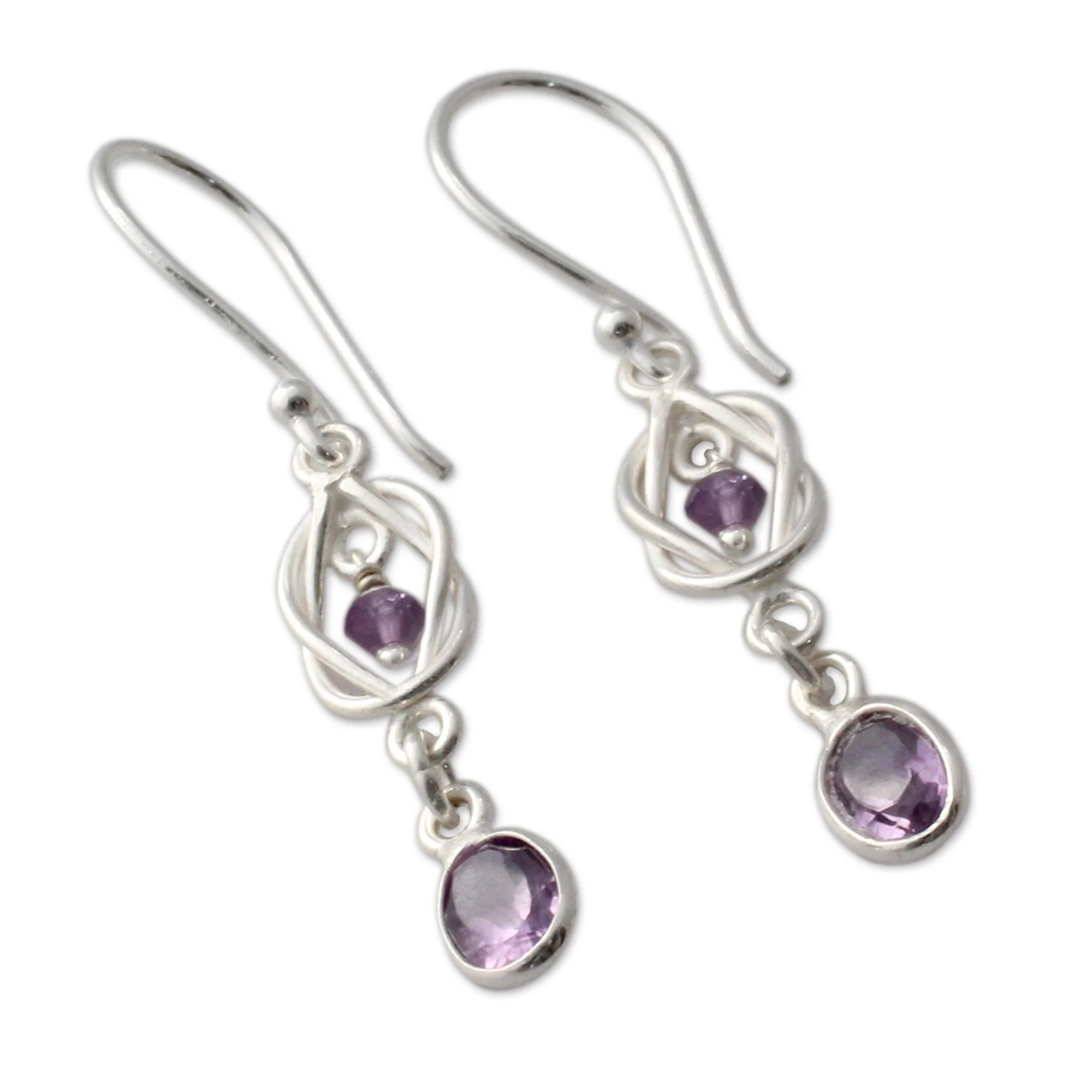 Violet Knot Weave Silver Amethyst Dangle Earrings - Image 3