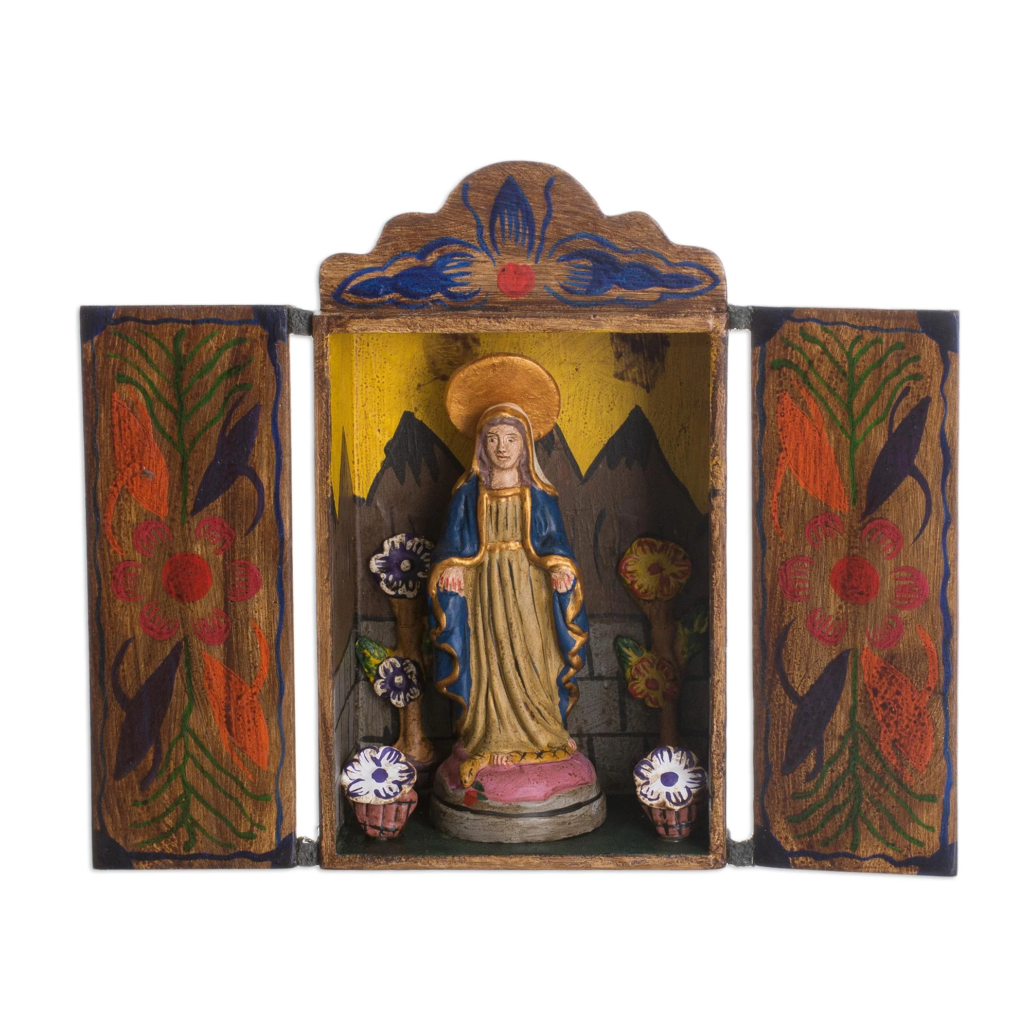 Virgin Mary Painted Wood Retablo Andes Folk Art Handmade in Peru - Image 2