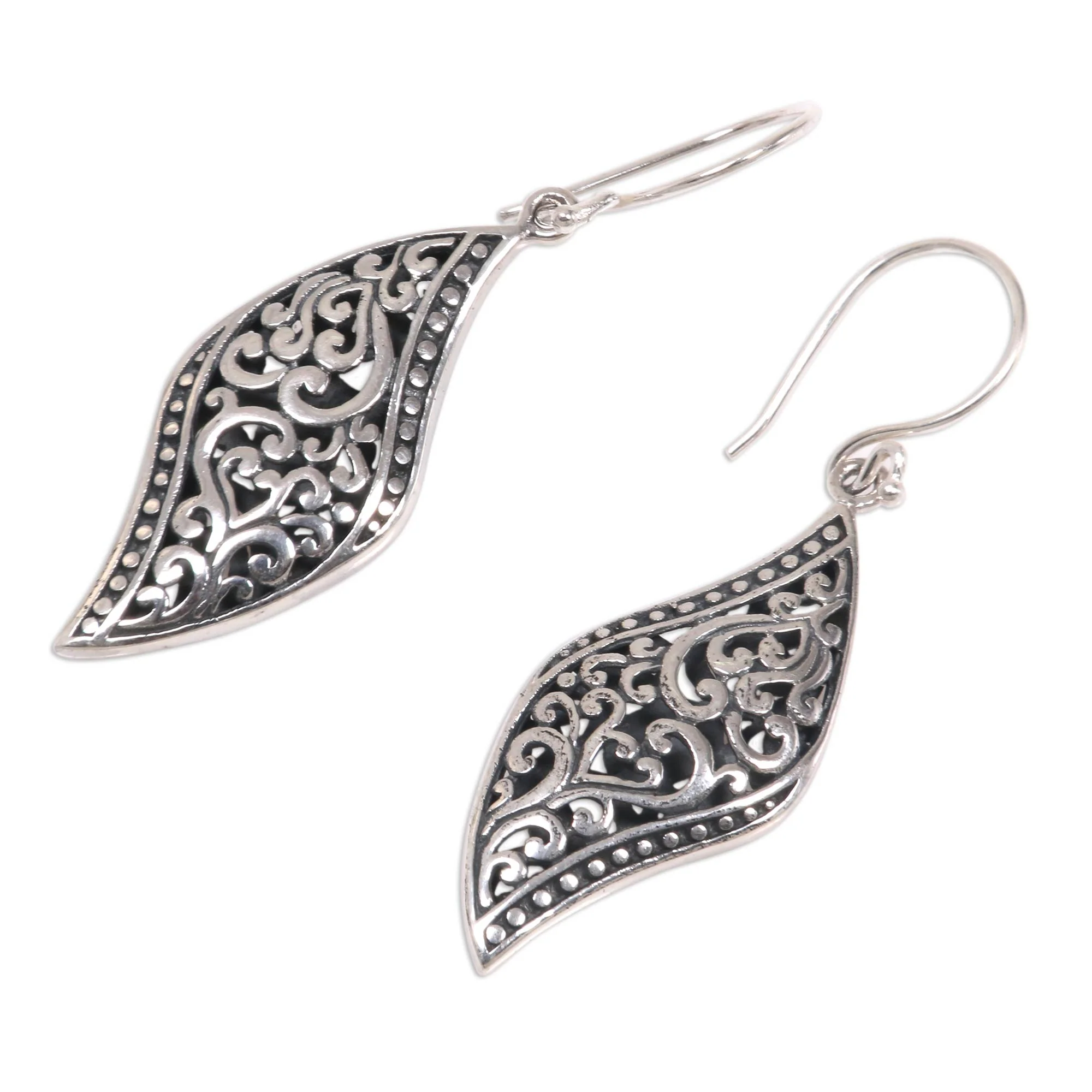 Voluptuous Leaf Ornate Leaf Theme Balinese Sterling Silver Artisan Earrings - Image 3