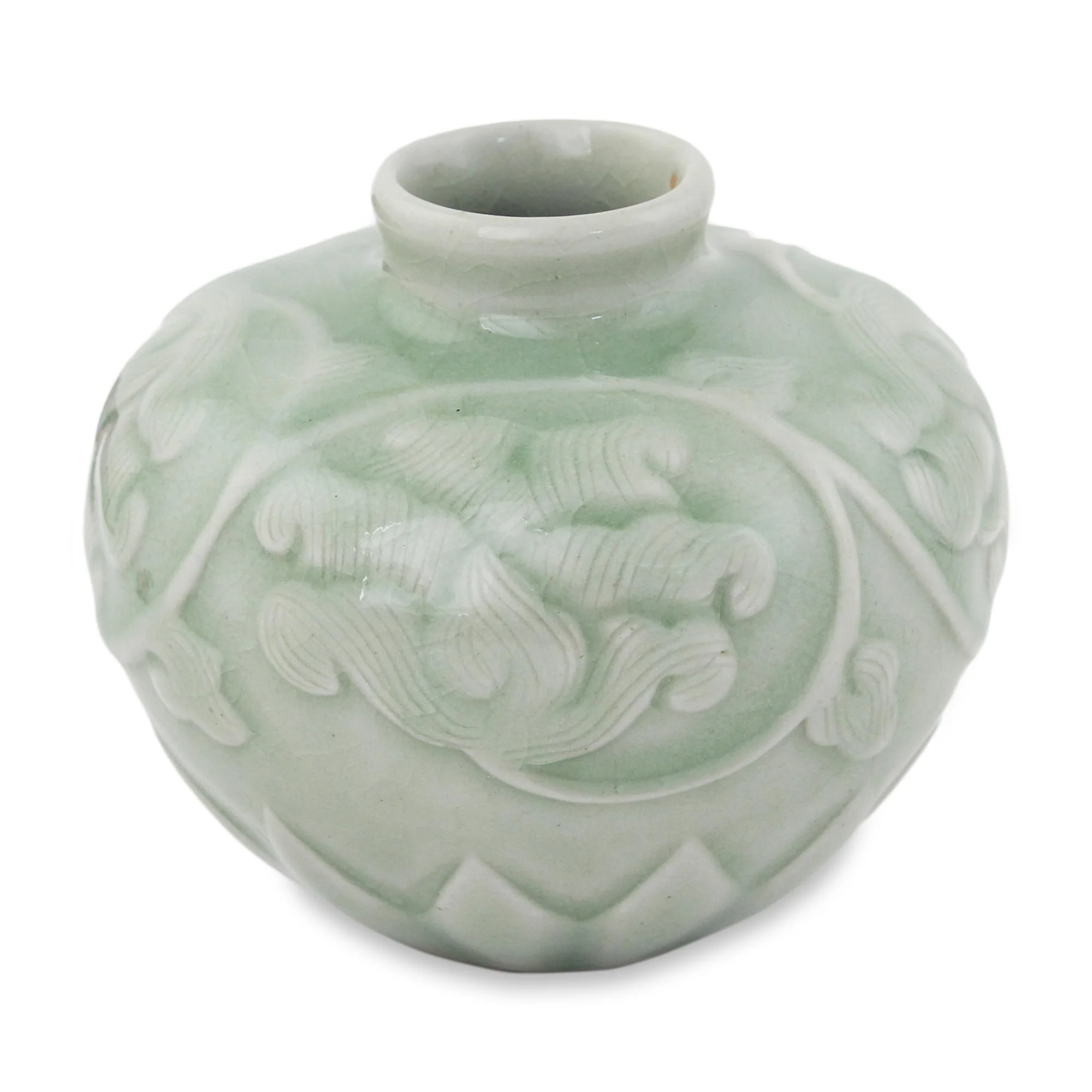 Voluptuous Lotus Thai Hand Crafted Petite Celadon Ceramic Vase - Image 2
