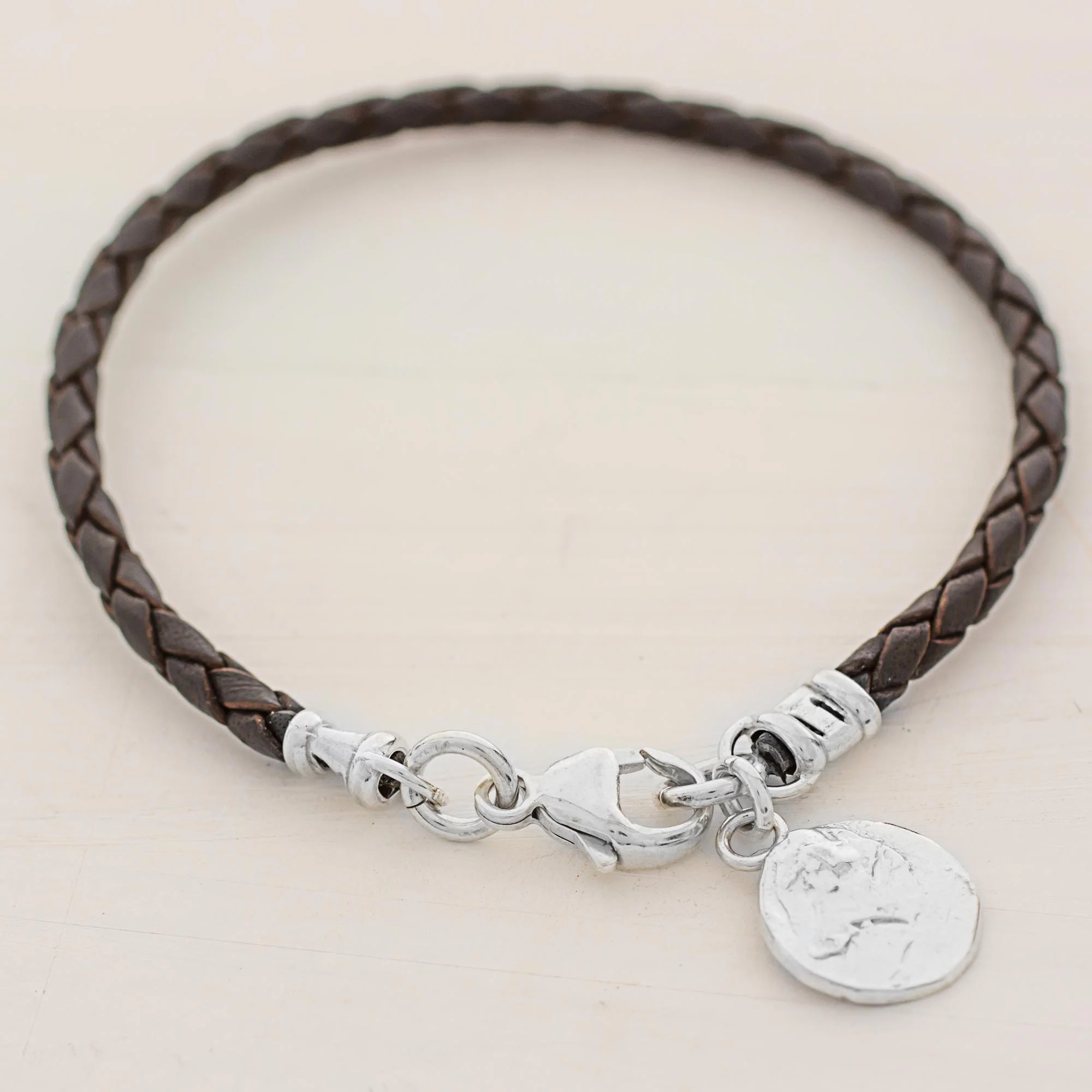 Walk of Life in Brown Fine Silver Brown Leather Charm Wristband Bracelet Guatemala - Image 4