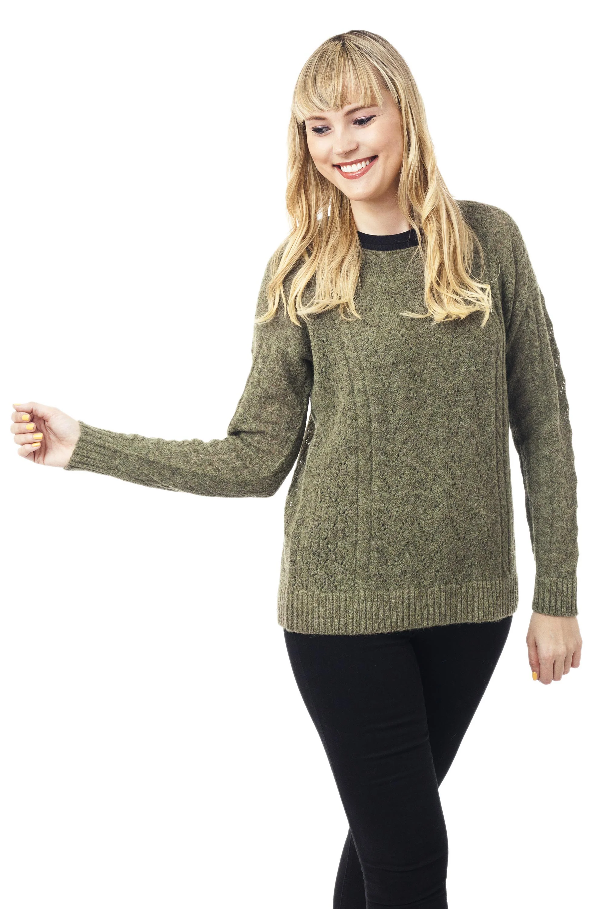 Warm Charm in Olive Cable Knit Baby Apaca Blend Pullover in Olive from Peru - Image 2