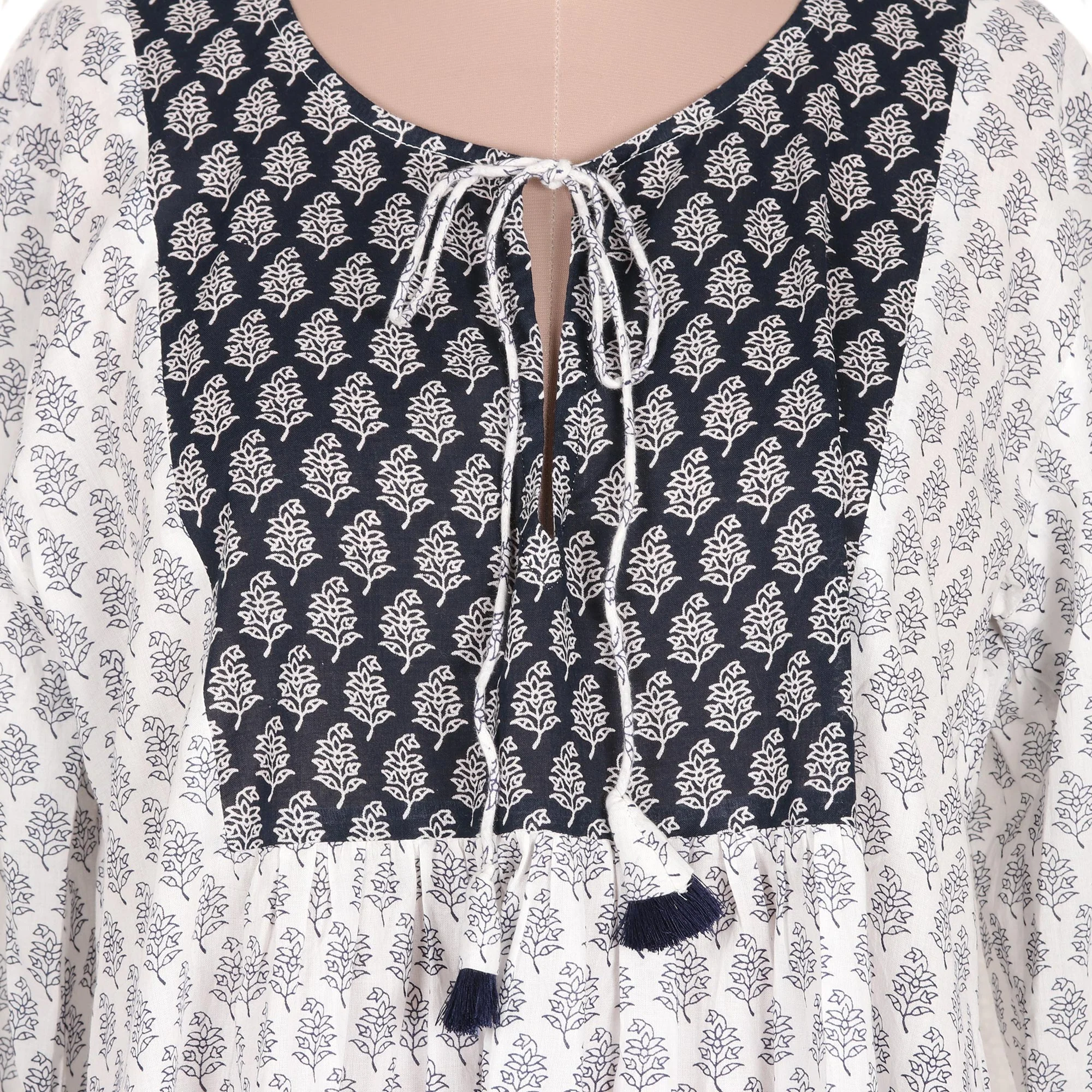 Warm Days Screen Printed Floral Cotton Drawstring Dress from India - Image 5