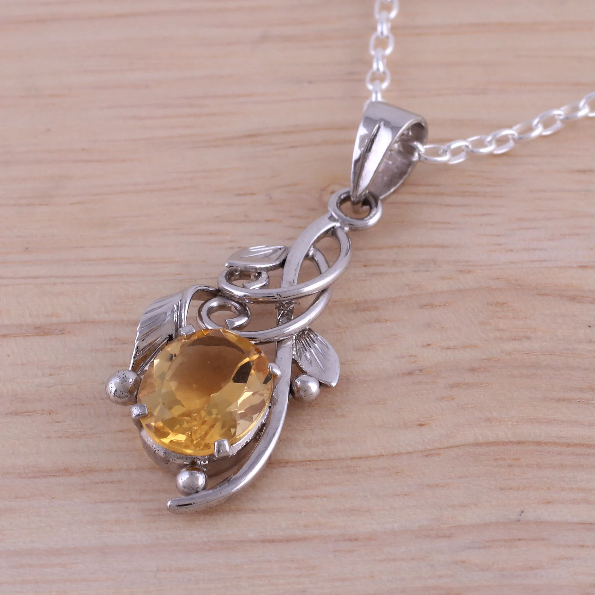 Warm Sunshine Rhodium Plated Citrine Pendant Necklace from India - Image 3