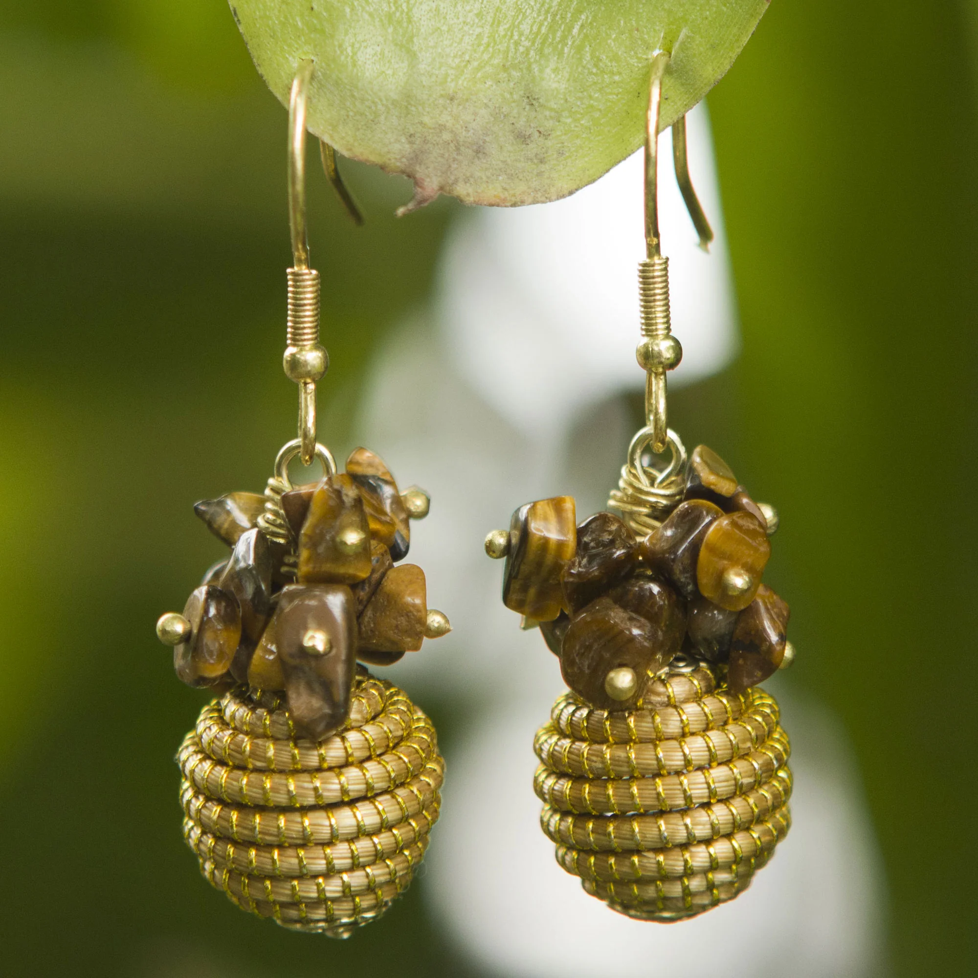 Warmth Hand Crafted Brazilian Golden Grass and Tiger's Eye Earrings - Image 3