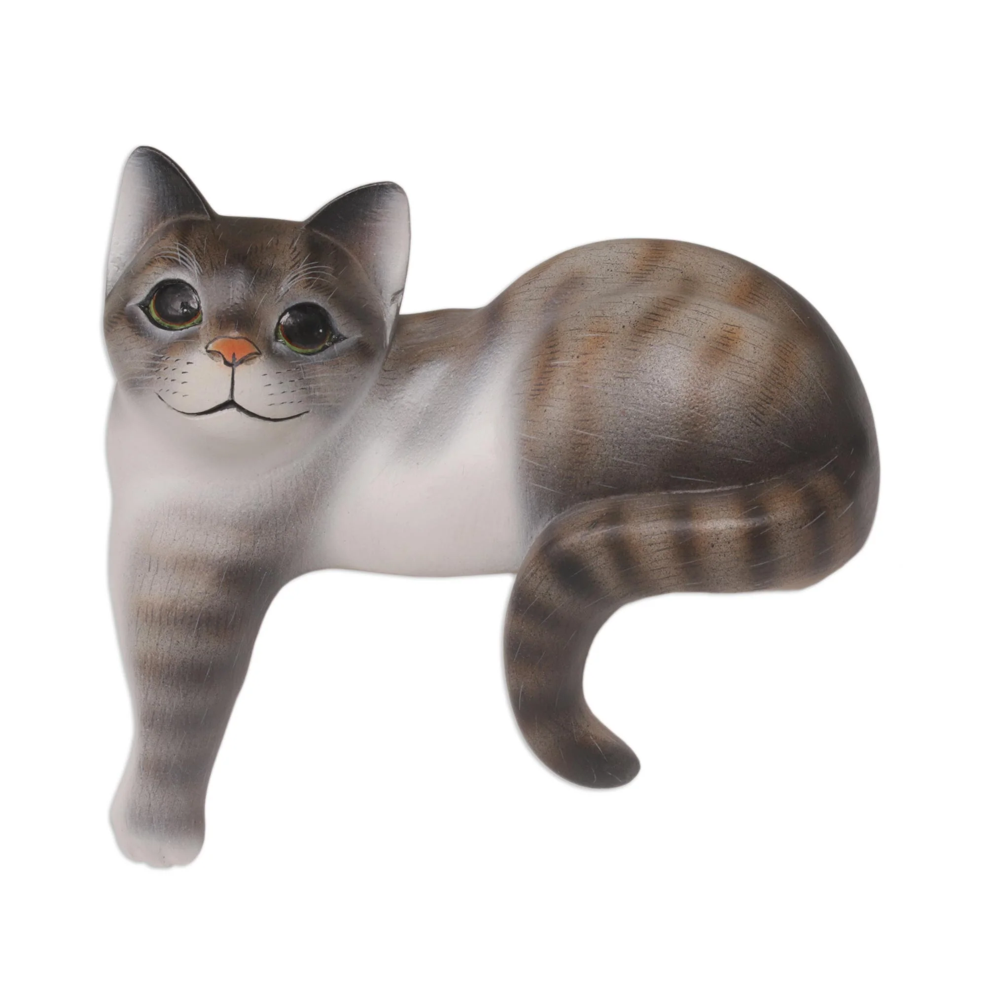 Watchful Grey Cat Painted Suar Wood Sculpture of a Grey Cat from Bali - Image 2
