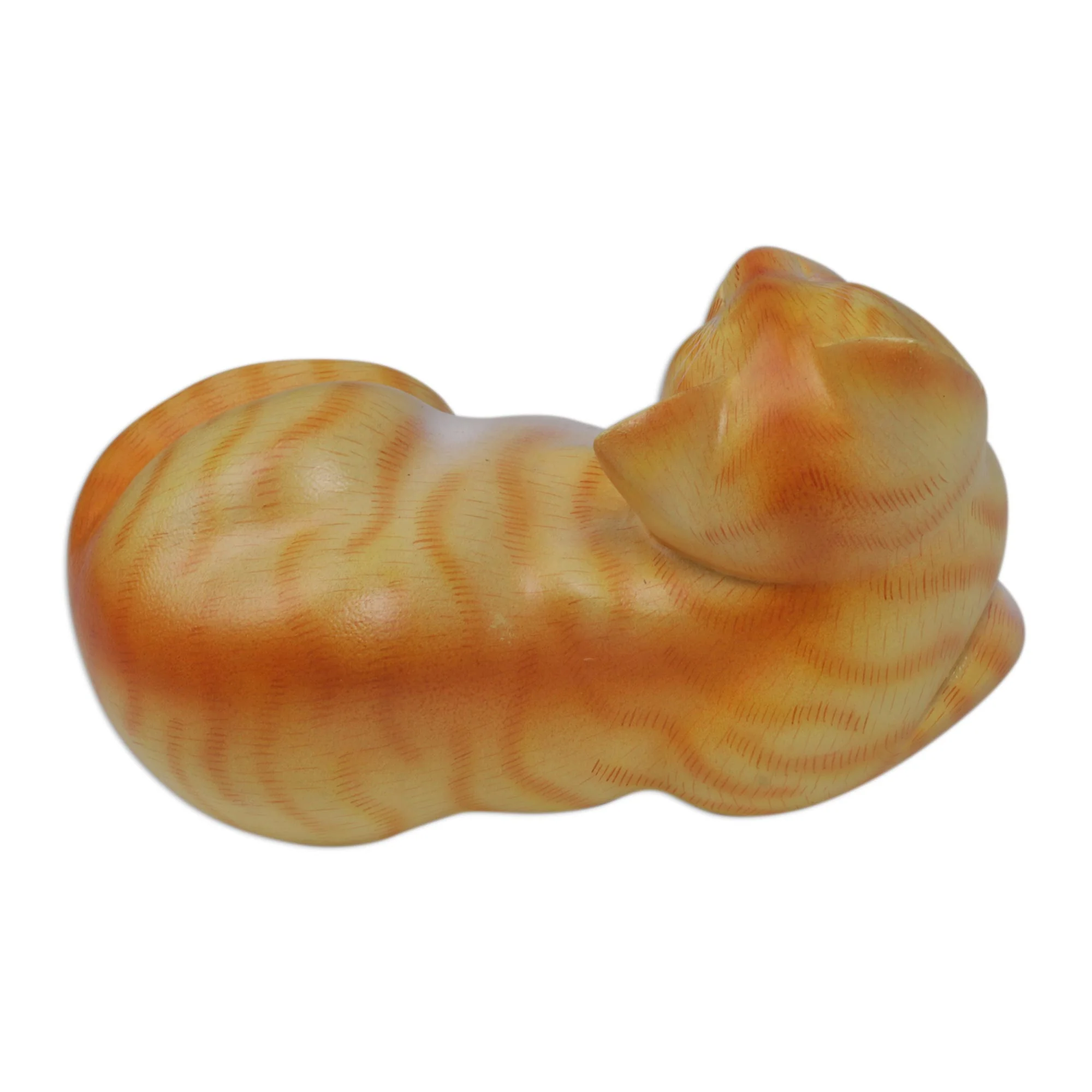 Watchful Orange Cat Painted Suar Wood Sculpture of an Orange Cat from Bali - Image 4