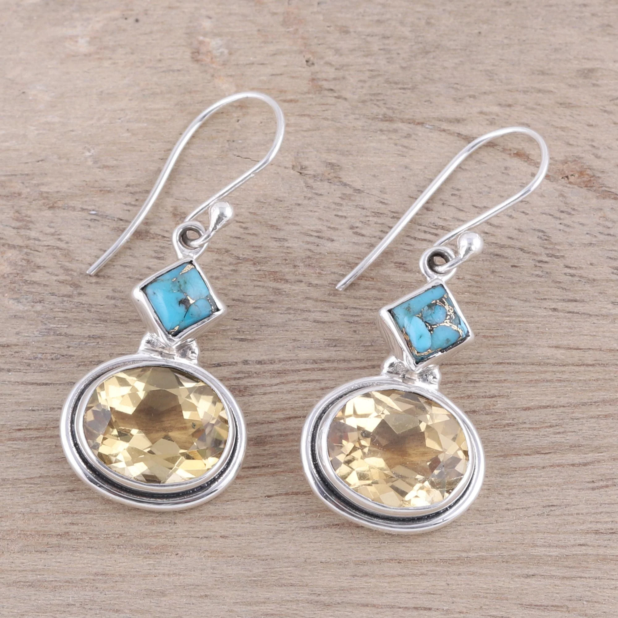 Watery Gold Nine-Carat Citrine and Composite Turquoise Earrings - Image 3