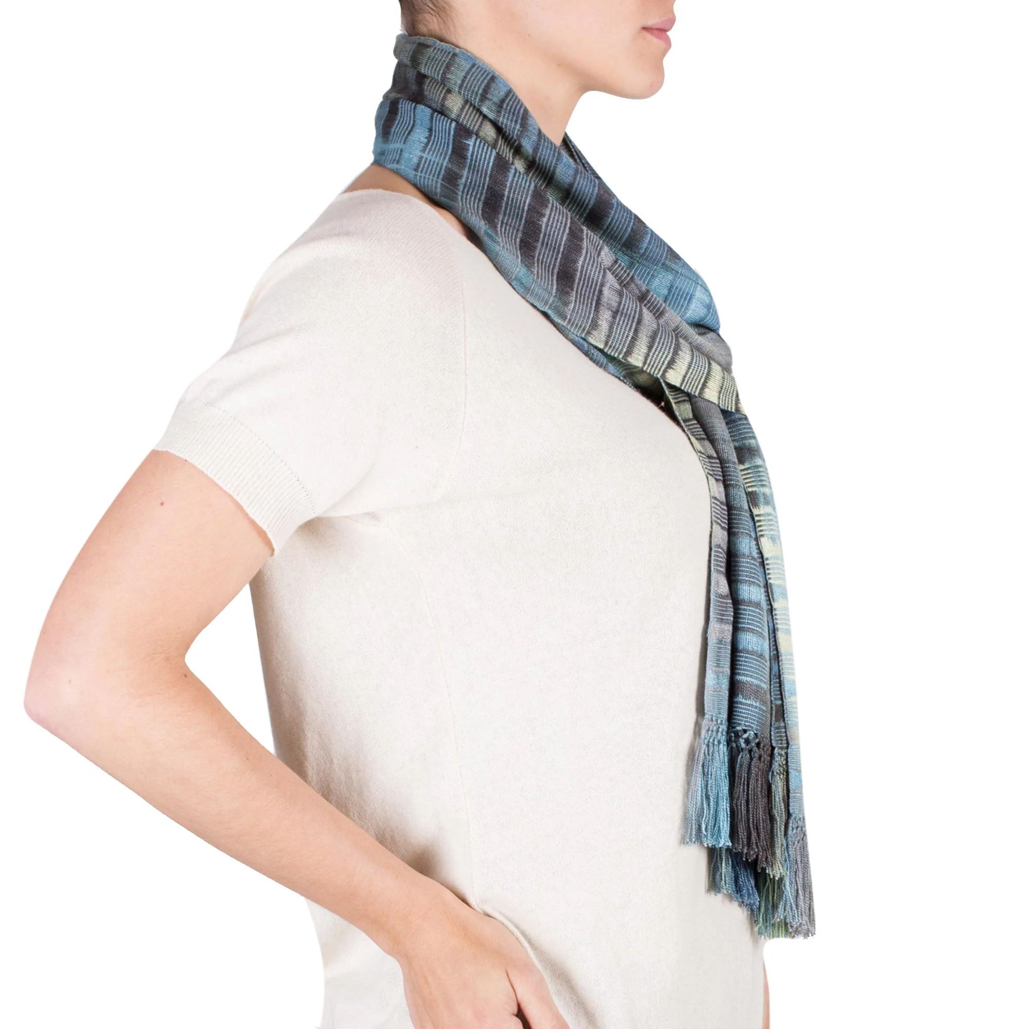 Waves on the Lake Backstrap Rayon Chenille Handmade Scarf in Blue and Grey - Image 3
