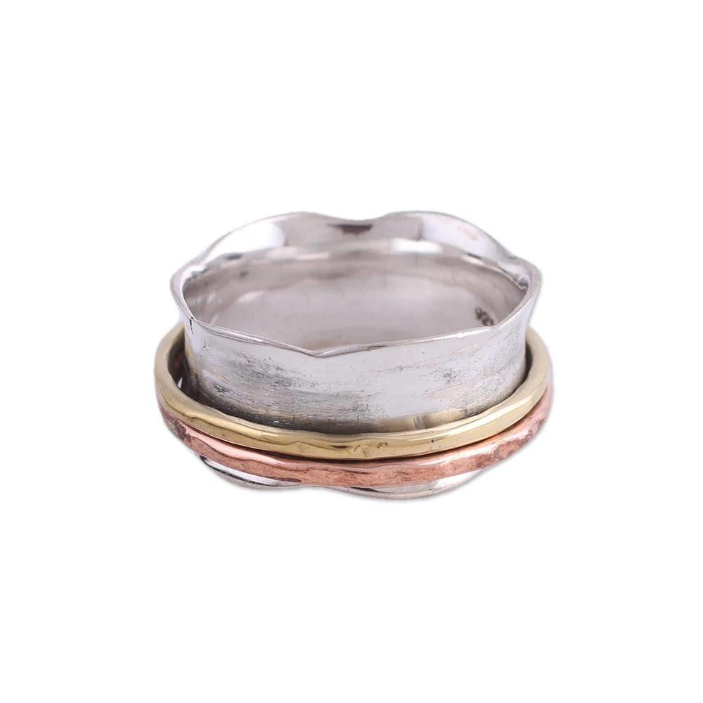 Wavy Cyclone Sterling Silver Copper and Brass Spinner and Meditation Ring - Image 2