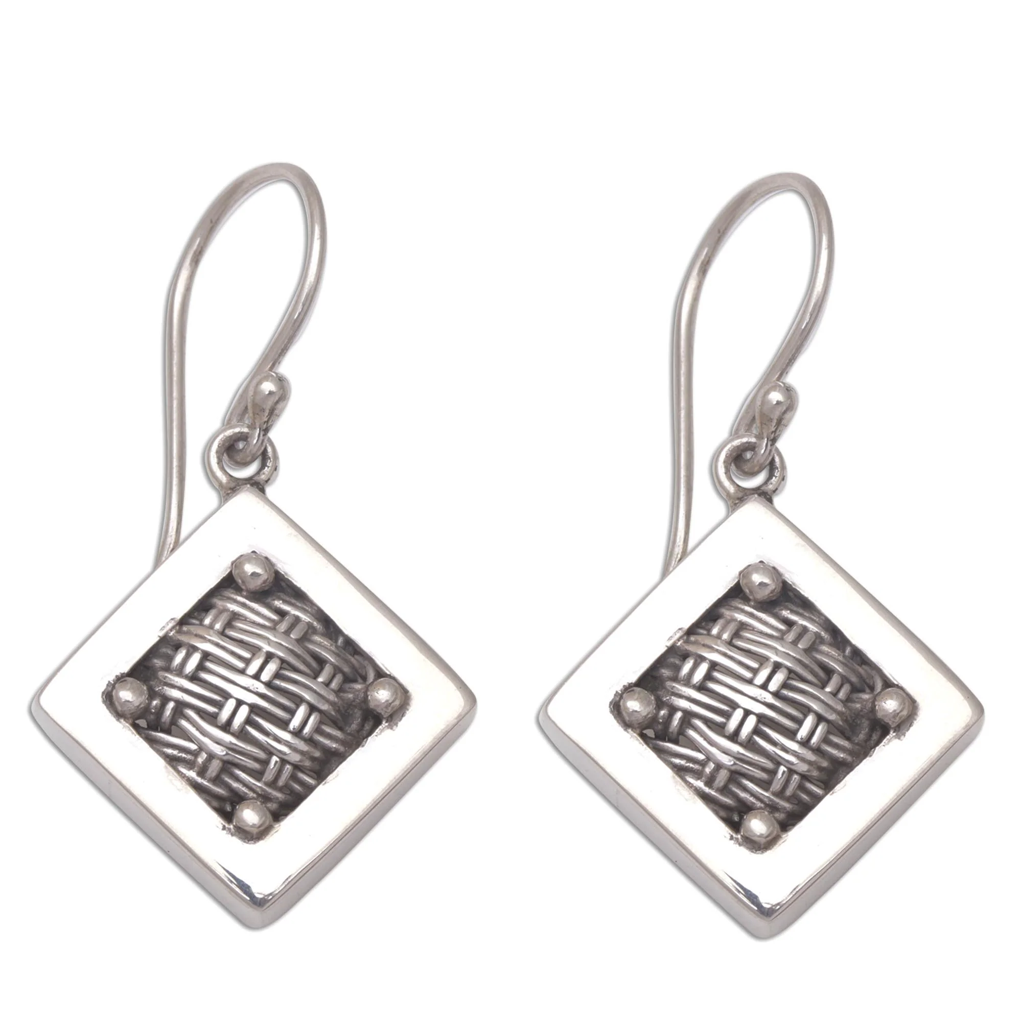 Weaving Ketupats Woven Sterling Silver Diamond Shaped Dangle Earrings - Image 2