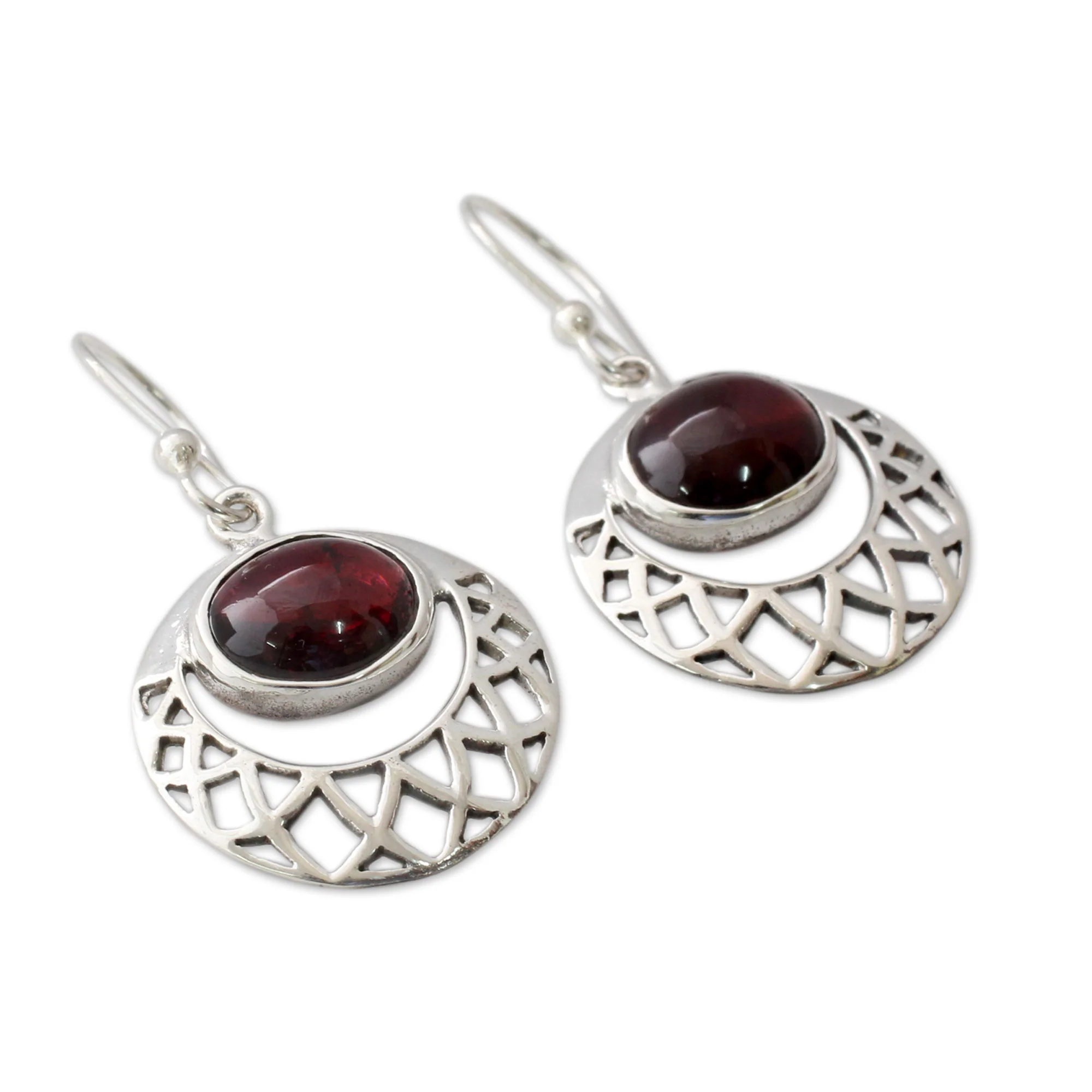 Web of Hope Sterling Silver Jali Earrings with Garnets Crafted by Hand - Image 3