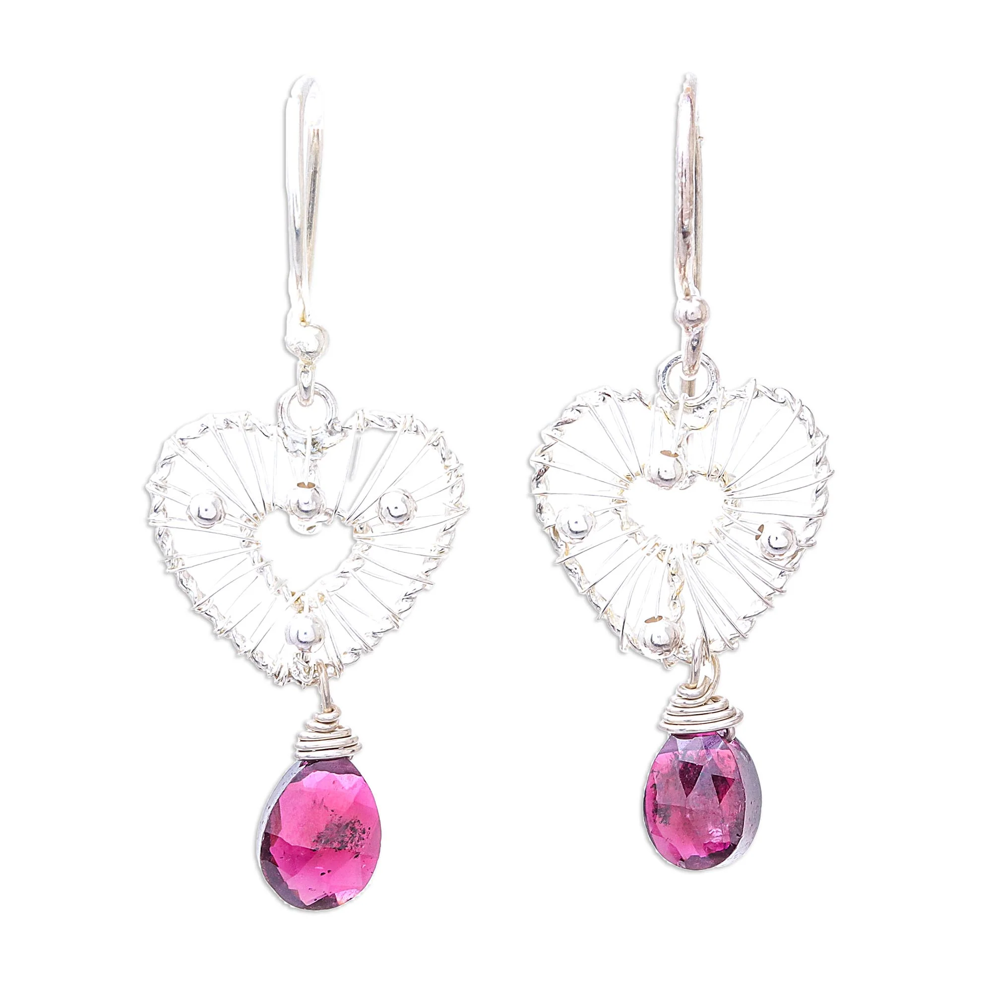 Web of Love Heart-Shaped Faceted Garnet Dangle Earrings from Thailand - Image 2