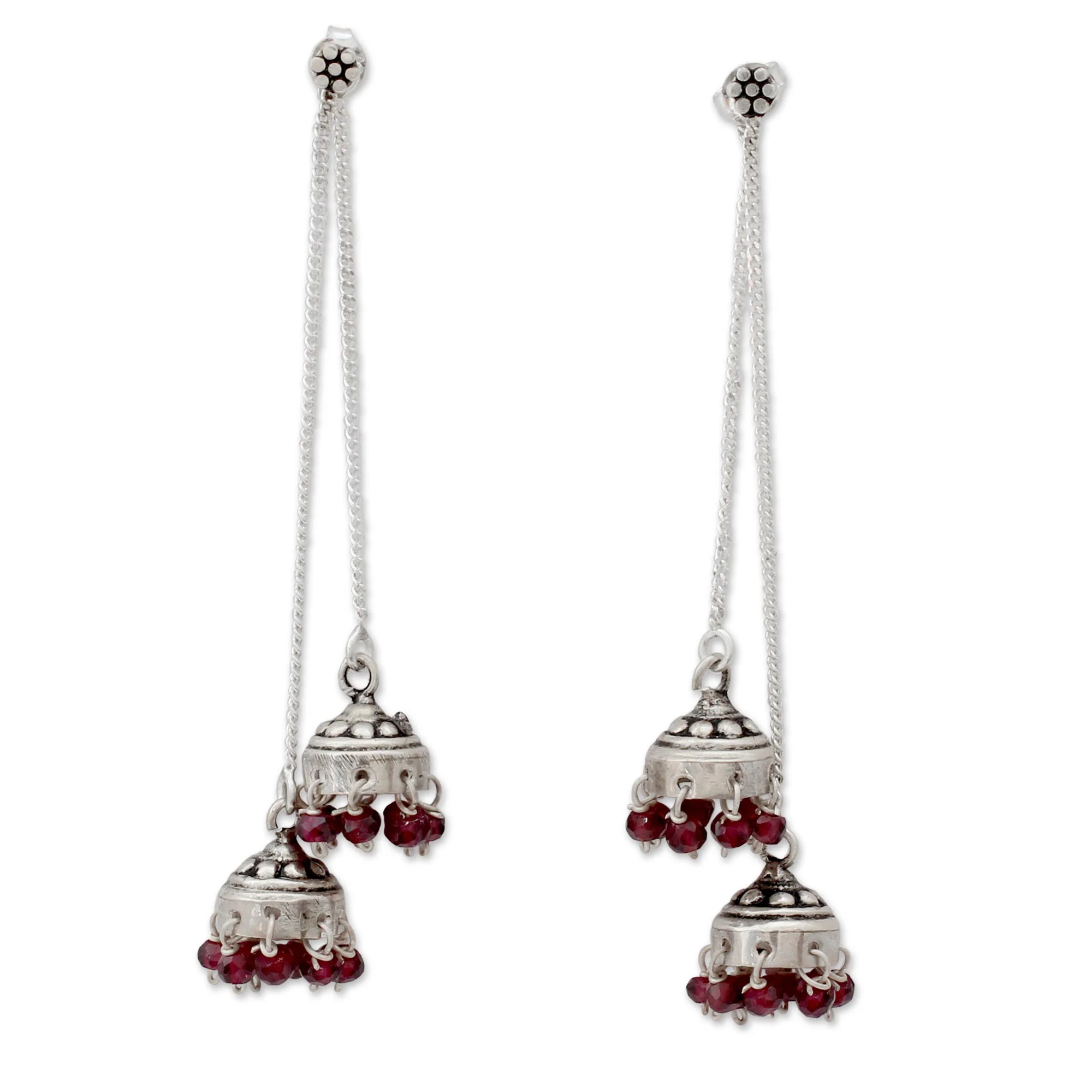Wedding Bells Indian Sterling Silver Detachable Garnet Jhumki Earrings - Image 2