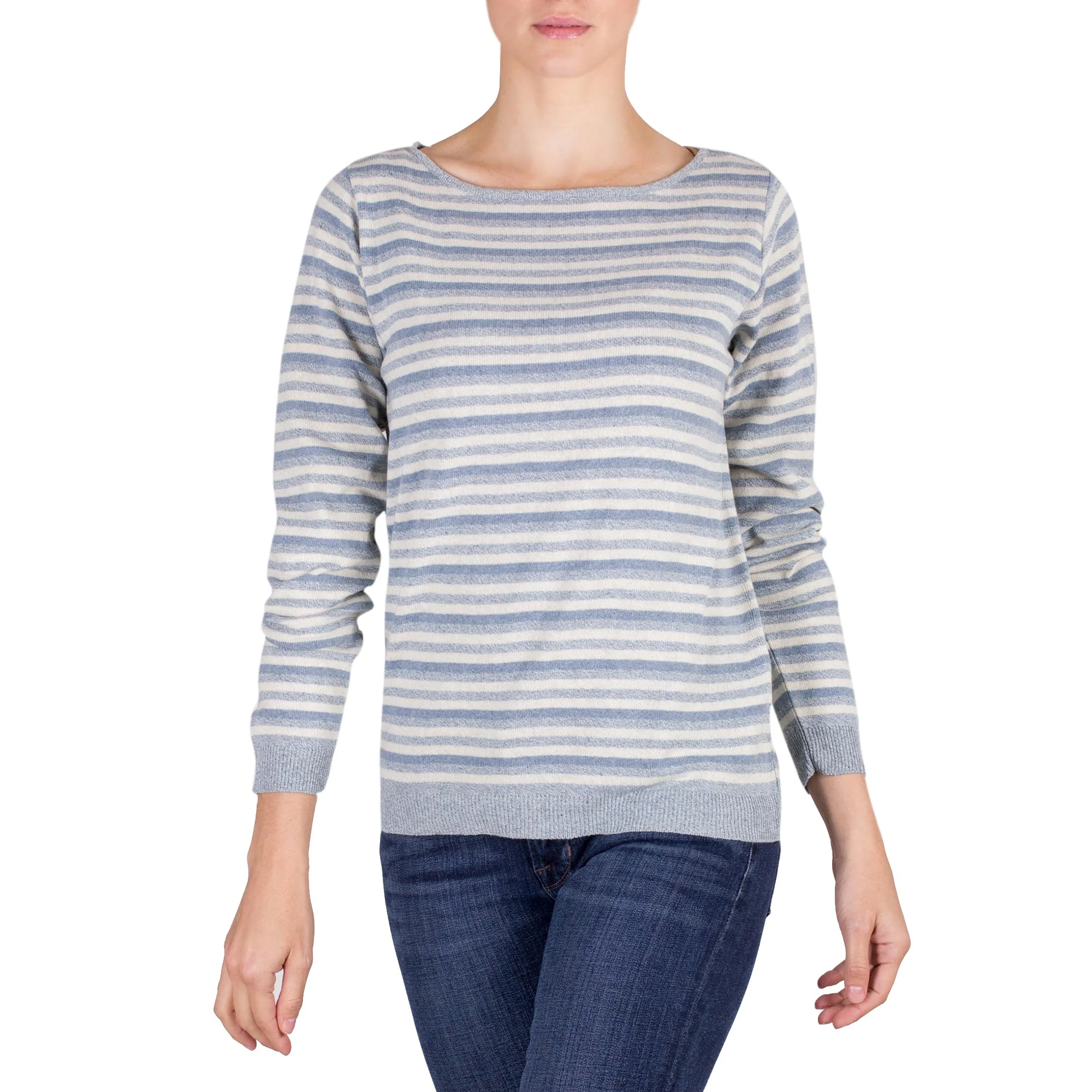 Wedgwood Horizon Women's Blue and Ivory Striped Soft Cotton Pullover Sweater - Image 2