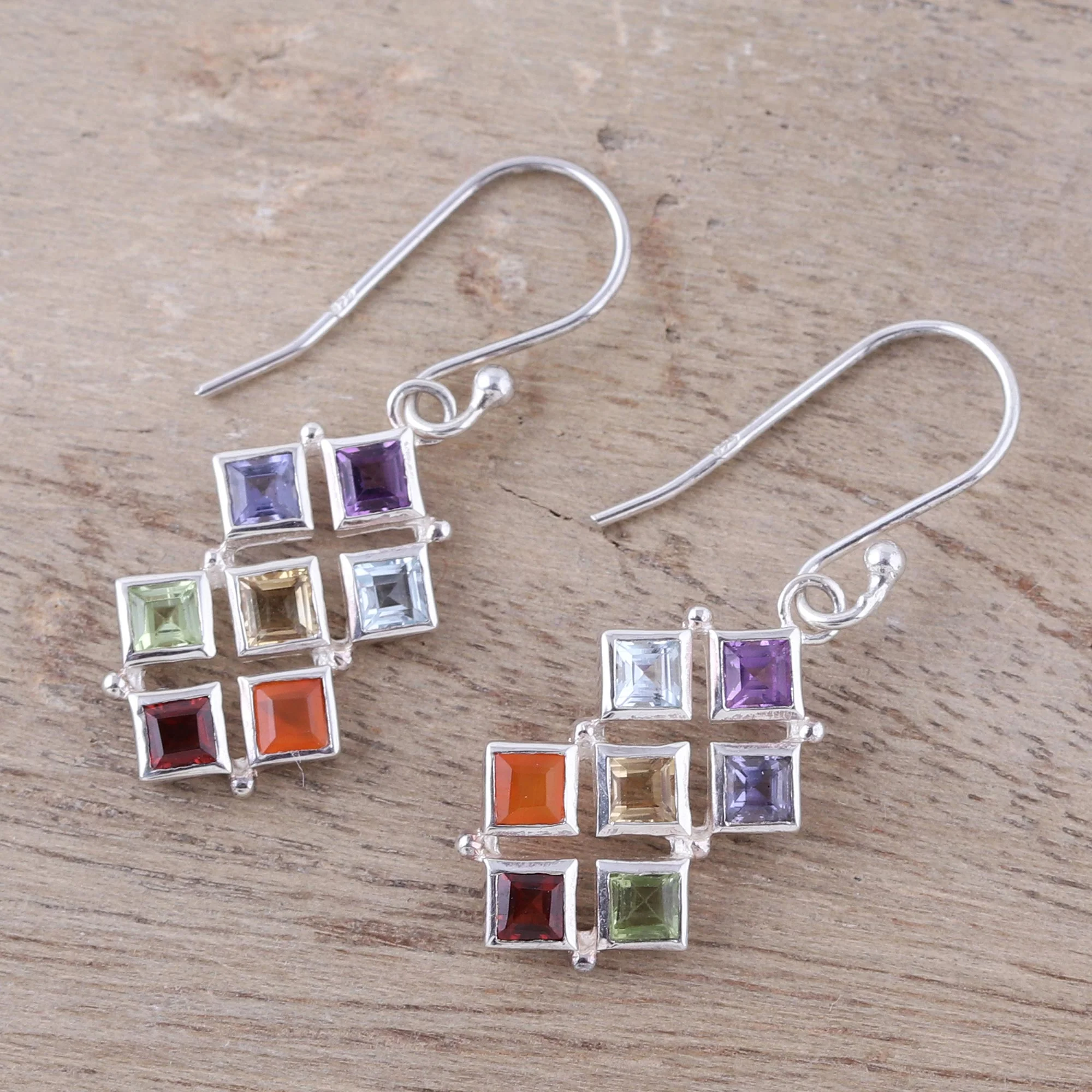 Wellness Multi-Gemstone Chakra Dangle Earrings from India - Image 3