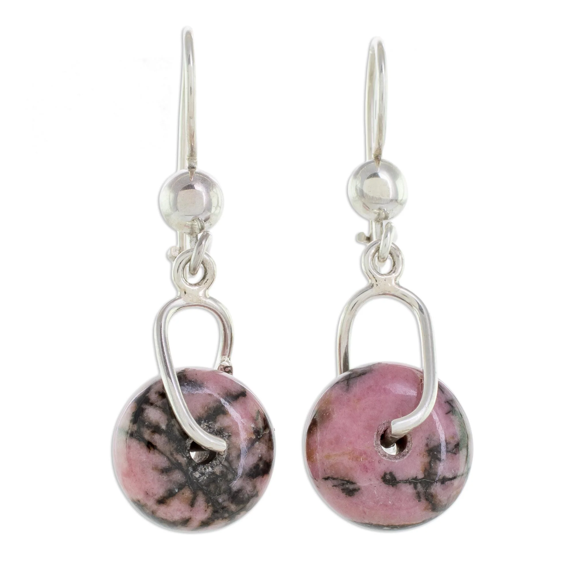 Wheels of Fortune Round Rhodonite Dangle Earrings from Guatemala - Image 2