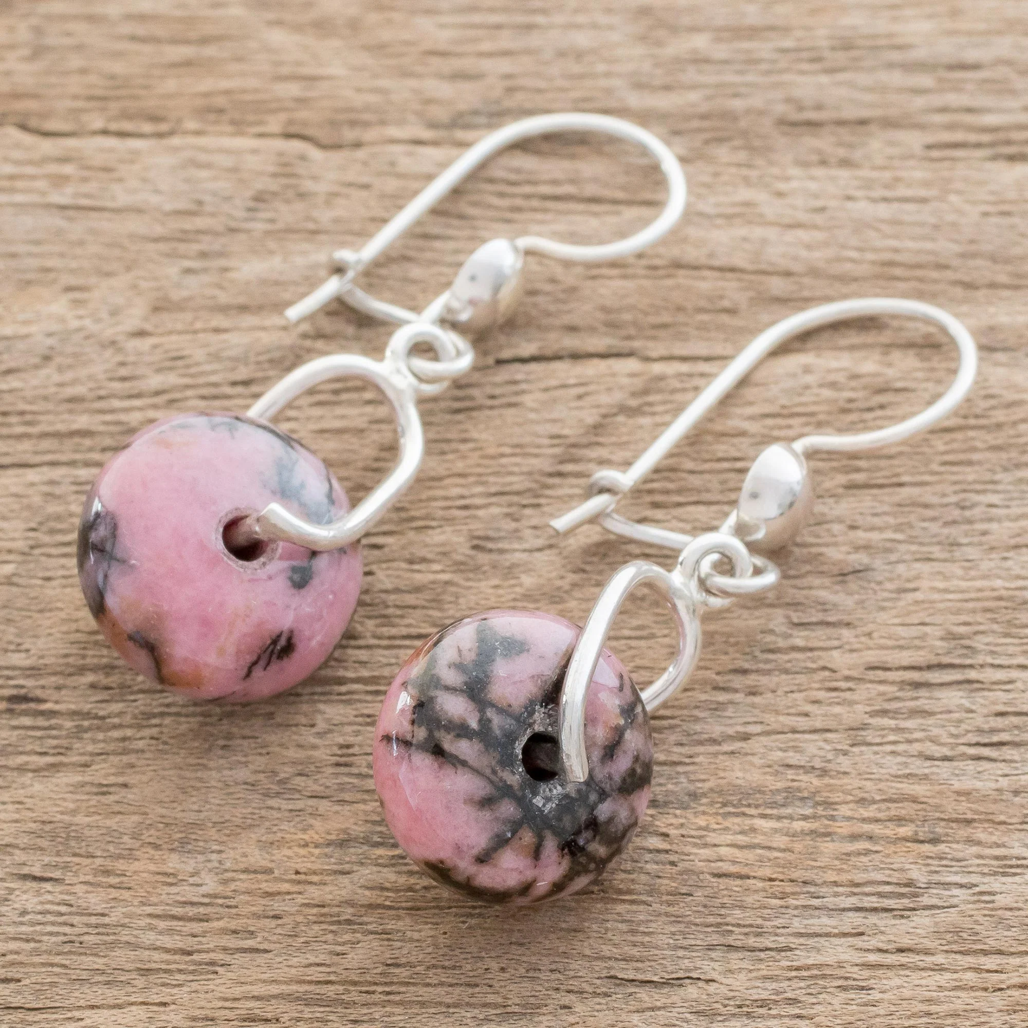 Wheels of Fortune Round Rhodonite Dangle Earrings from Guatemala - Image 3