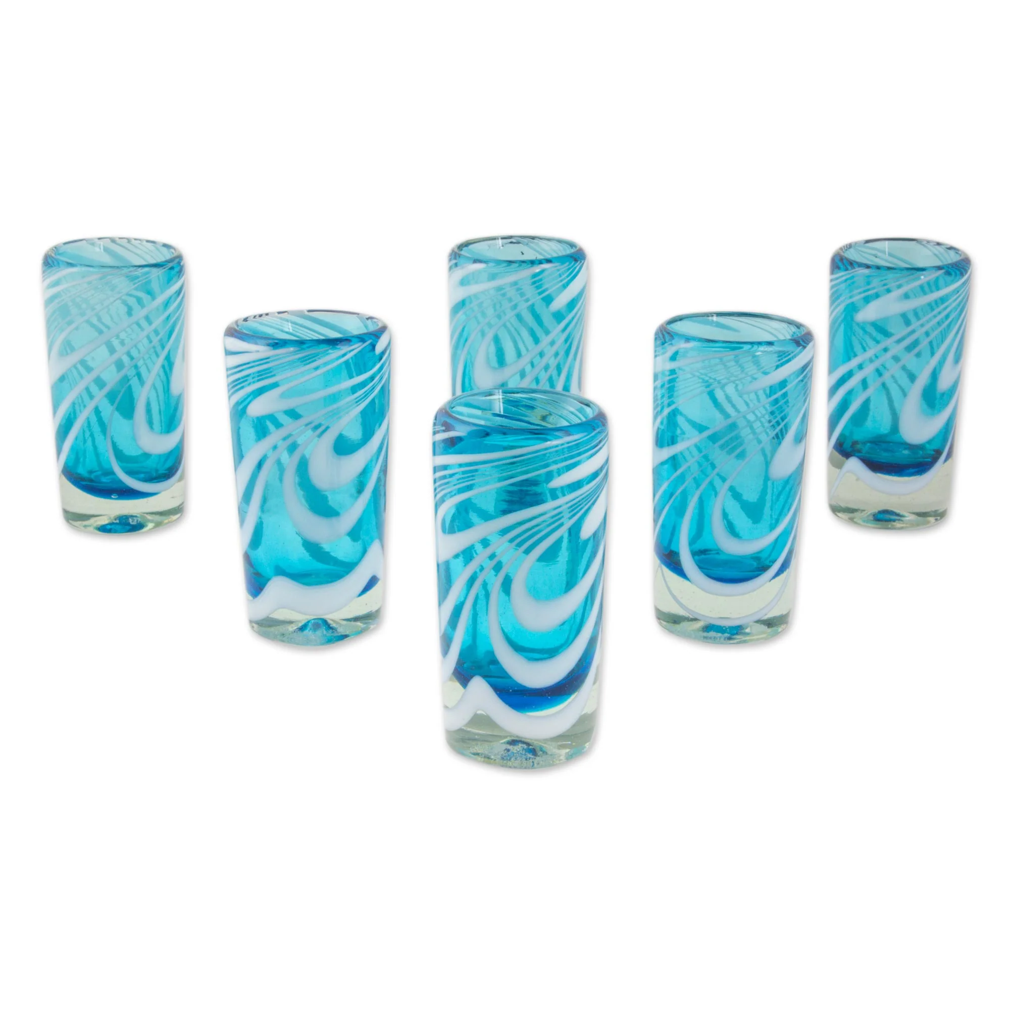 Whirling Aquamarine 6 Hand Blown Shot Glasses in Blue and White from Mexico - Image 2