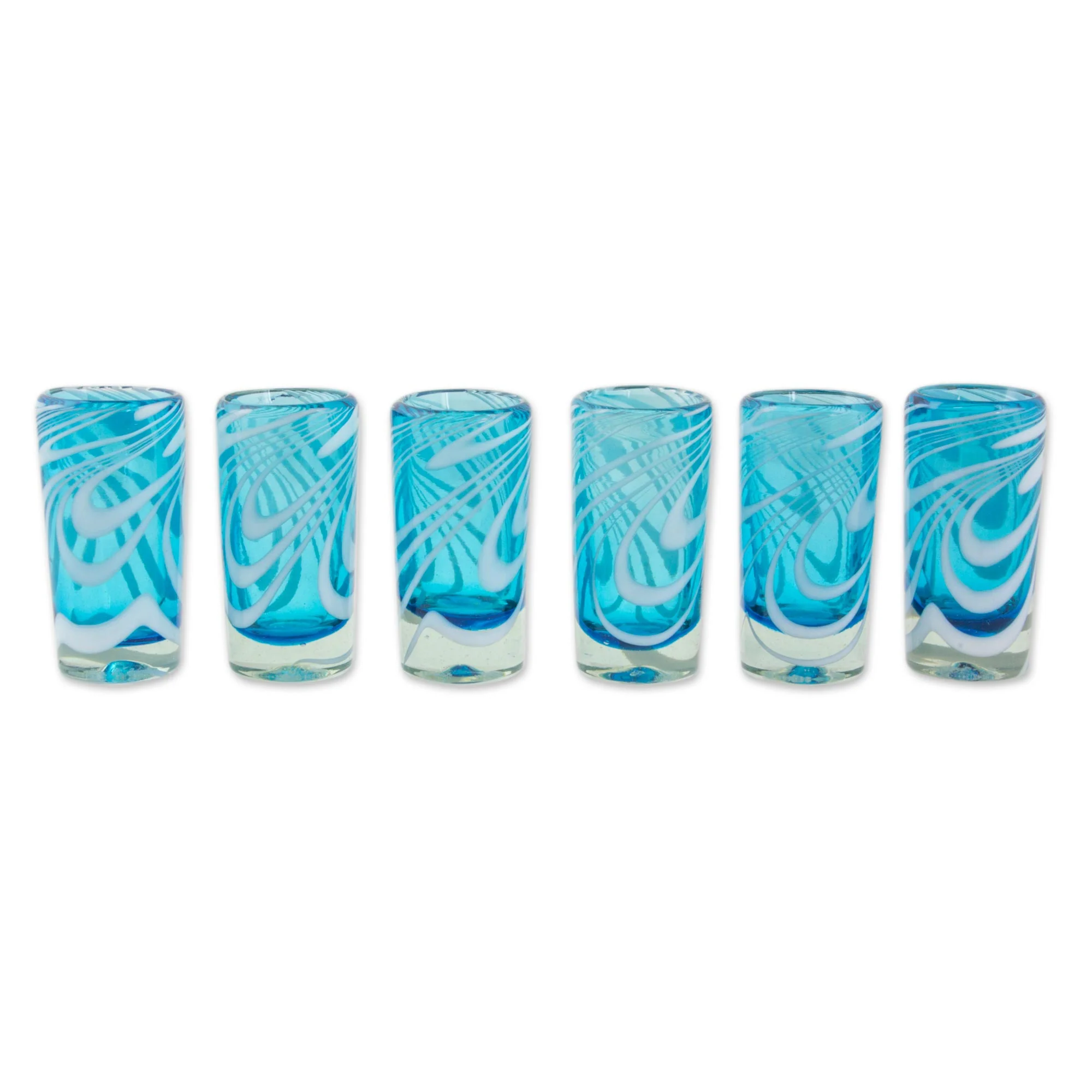 Whirling Aquamarine 6 Hand Blown Shot Glasses in Blue and White from Mexico - Image 3