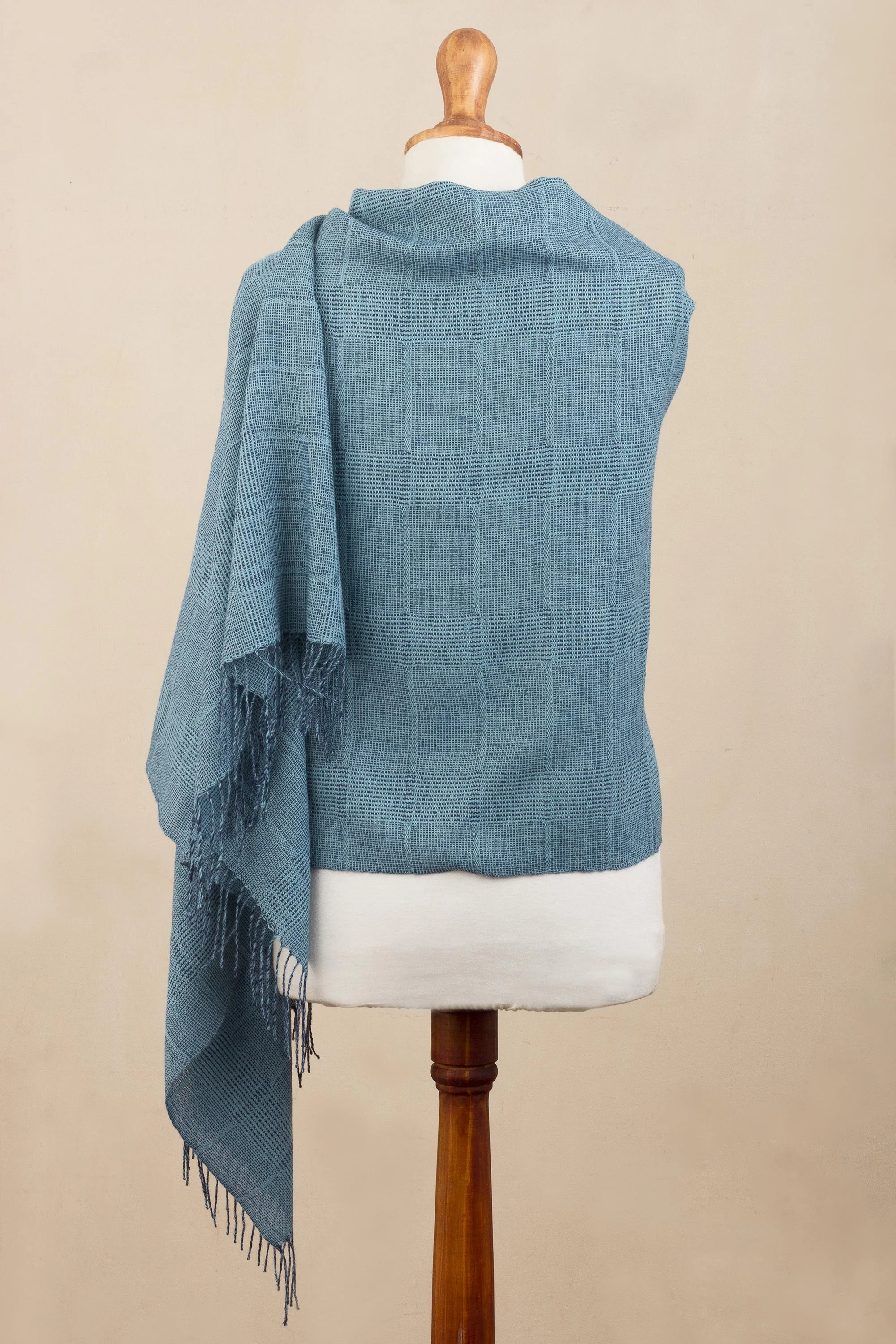 Whispering Azure Azure Blue Patterned Handwoven Baby Alpaca Shawl - Image 5
