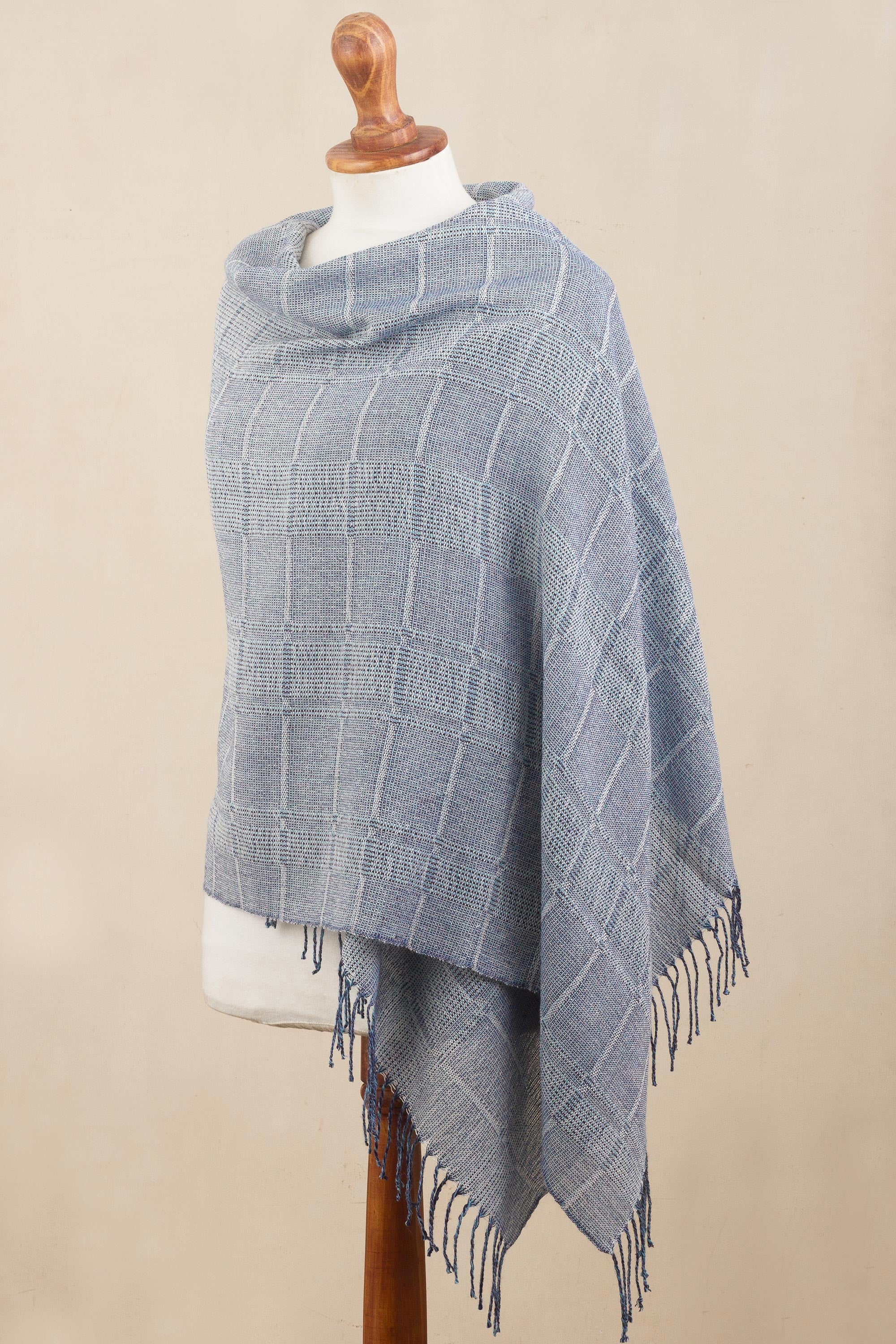 Whispering Blue Powder Blue Patterned Handwoven Baby Alpaca Shawl - Image 4