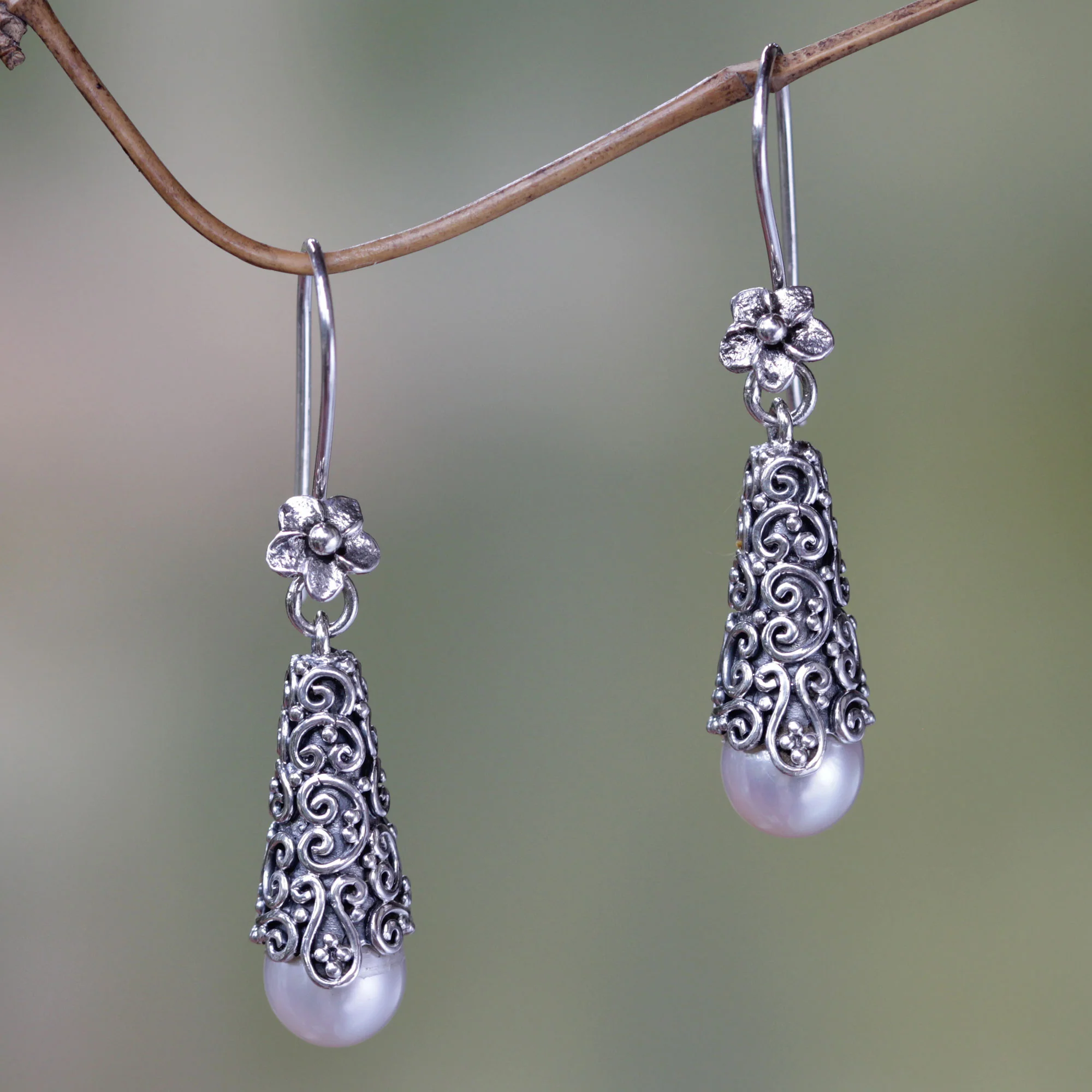 White Arabesque Dewdrop Pearl Dangle Earrings - Image 2