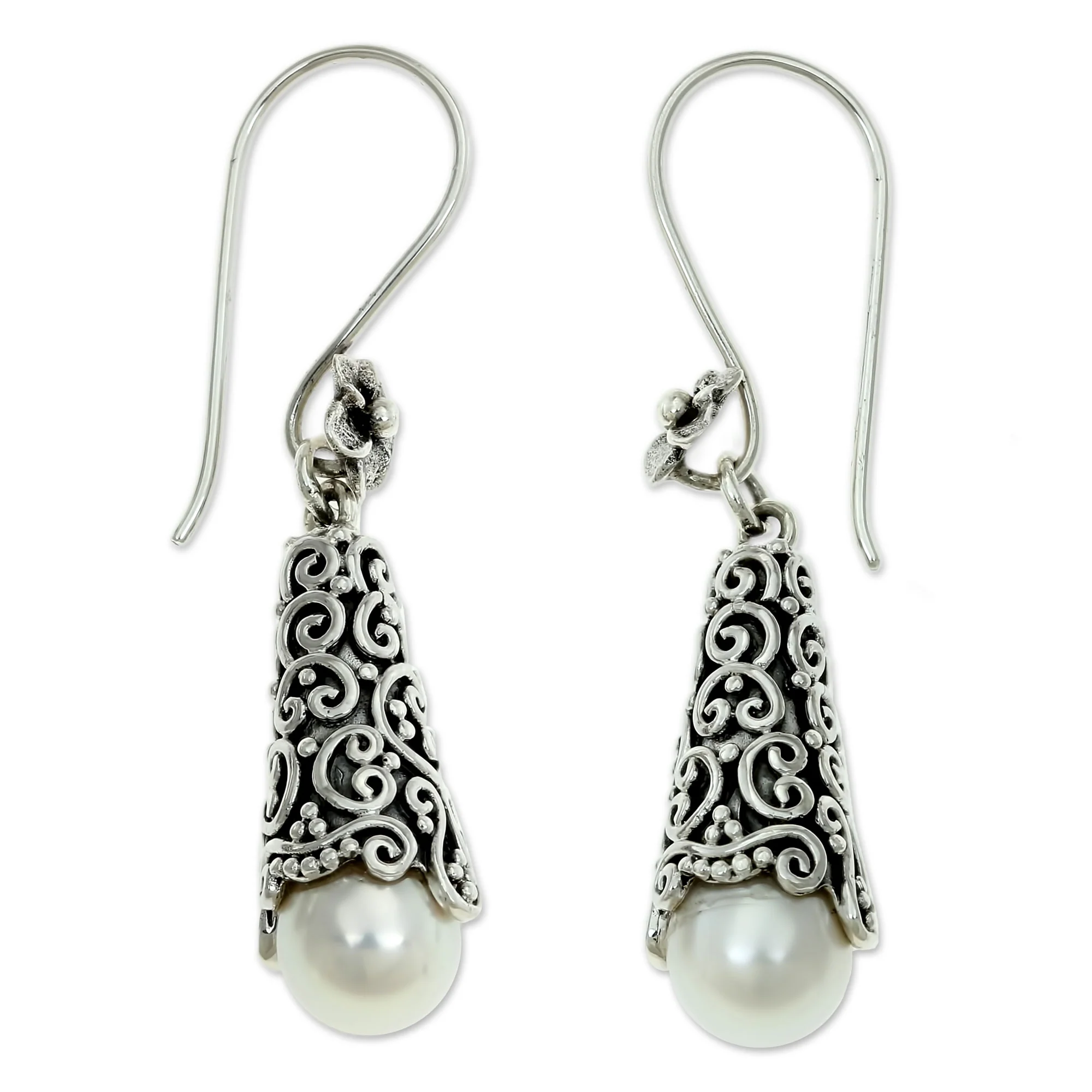 White Arabesque Dewdrop Pearl Dangle Earrings - Image 3