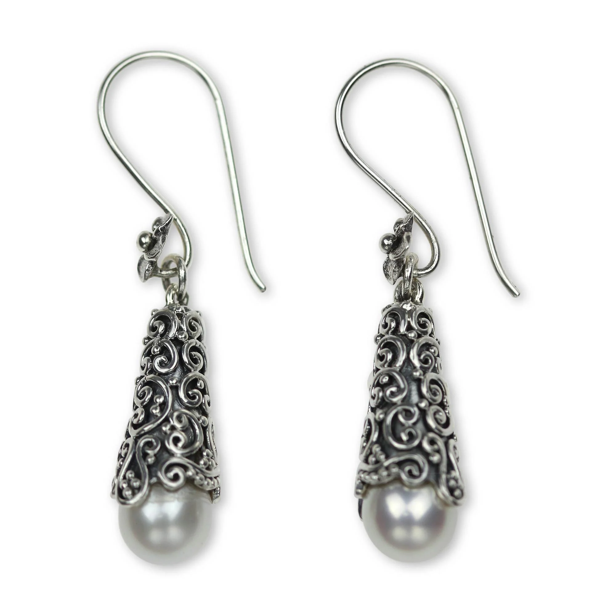 White Arabesque Dewdrop Pearl Dangle Earrings - Image 4