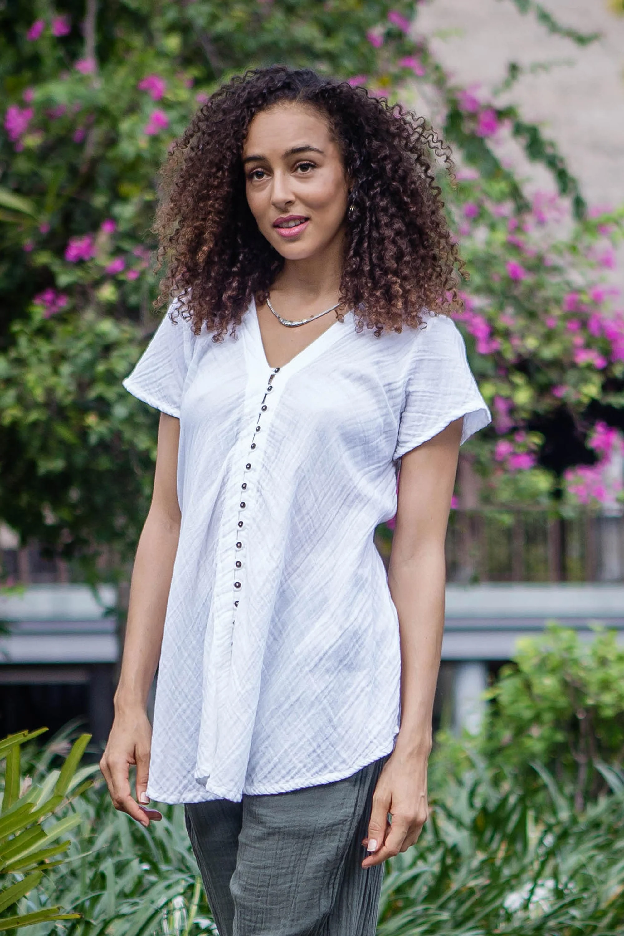 White Flair Buttoned Cotton Gauze Blouse with Short Sleeves - Image 4