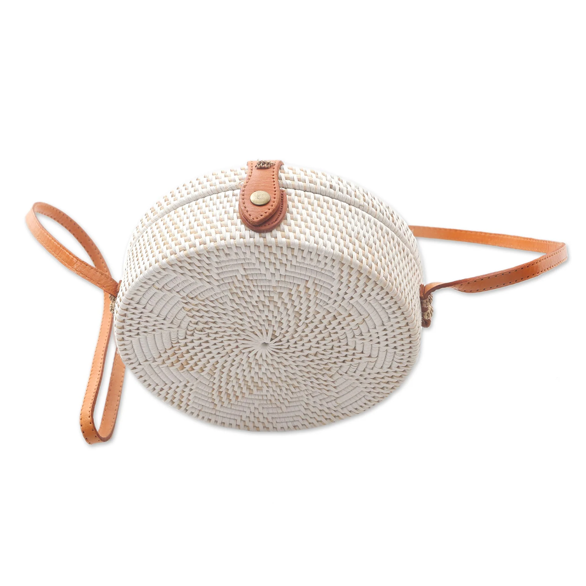 White Flower White Flower Pattern Round Woven Bamboo Shoulder Bag - Image 3