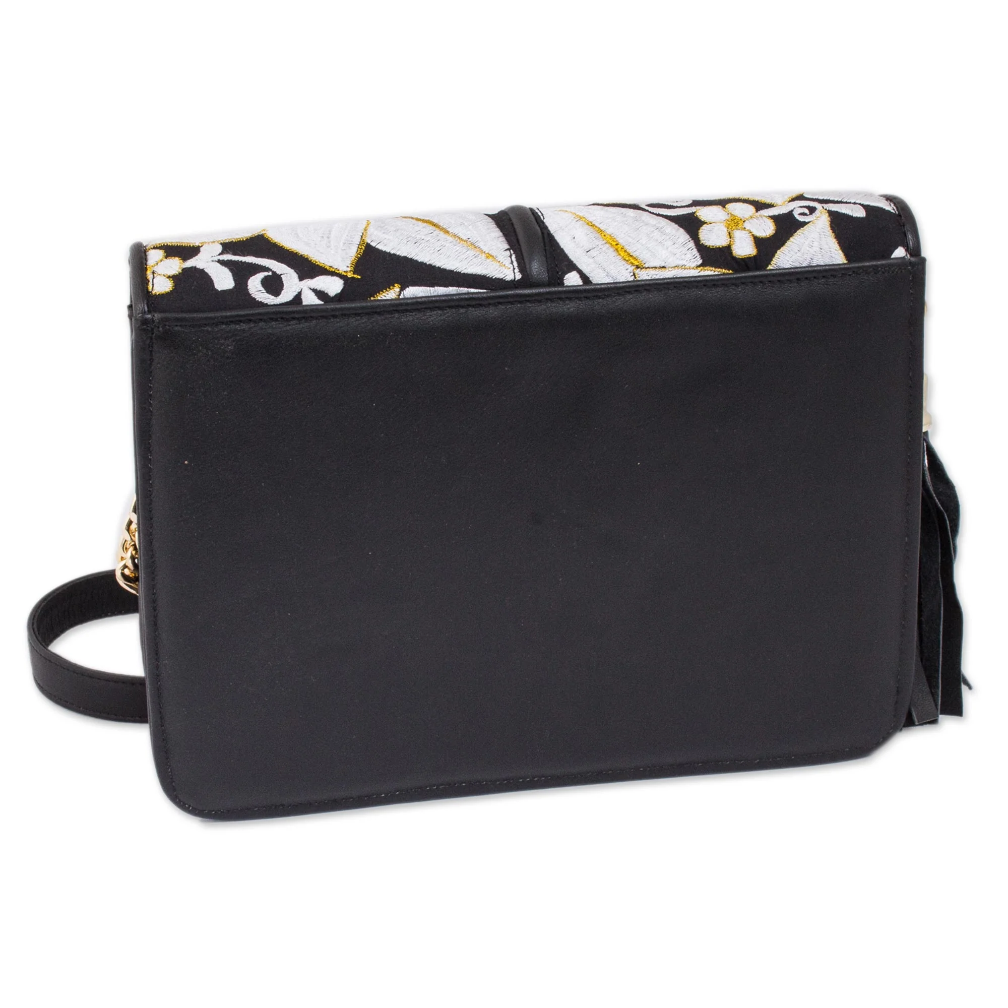White Flowers Leather and Cotton Accent Sling with White Floral Embroidery - Image 3