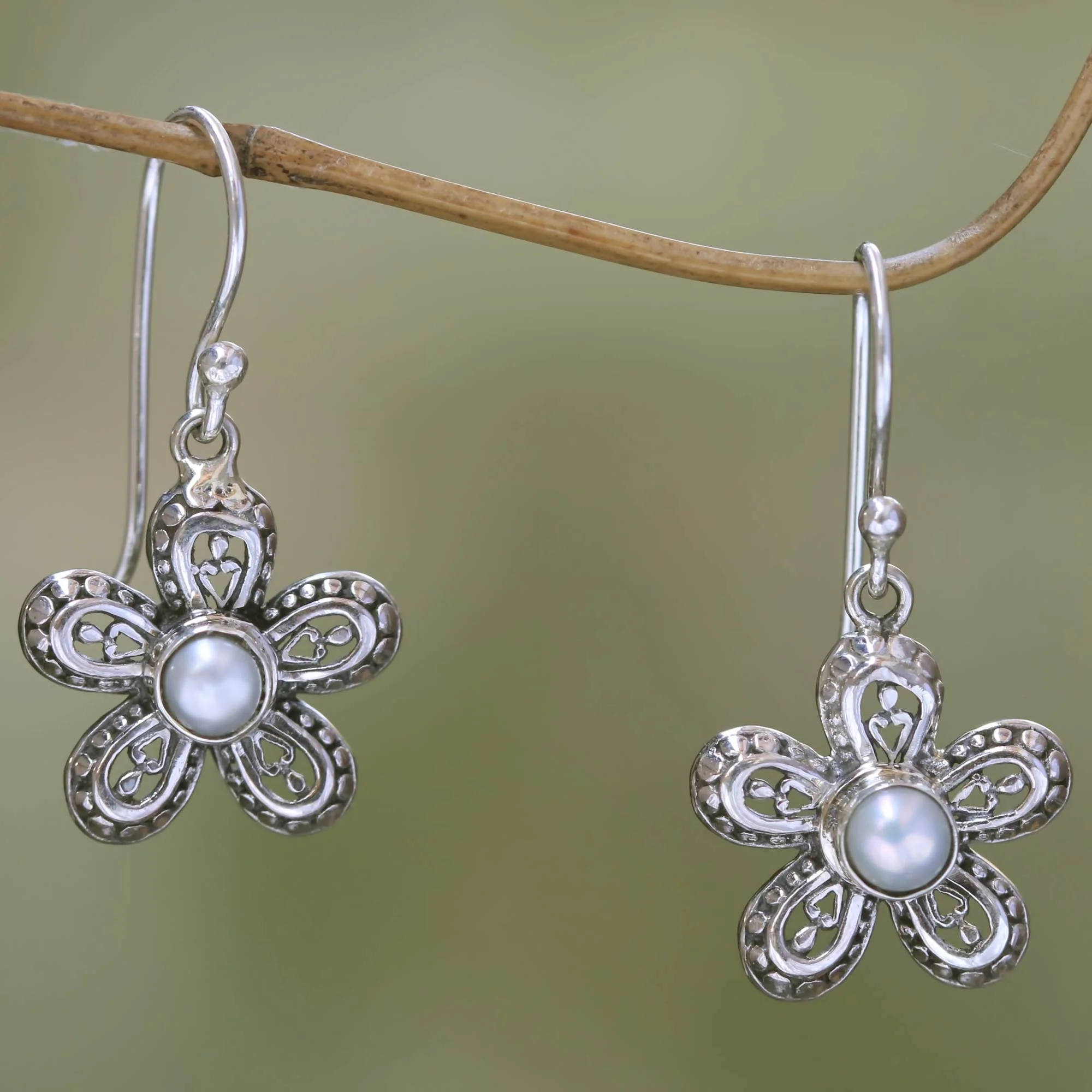 White Forget-Me-Not Pearl and Sterling Silver Flower Dangle Earrings