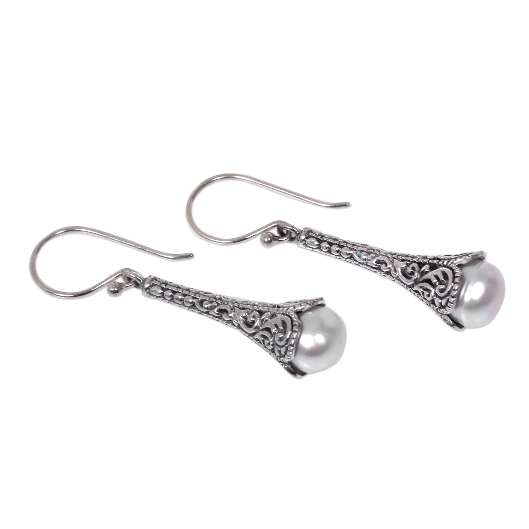 White Honeysuckle Silver 925 Elongated Balinese Earrings with Cultured Pearl - Image 3