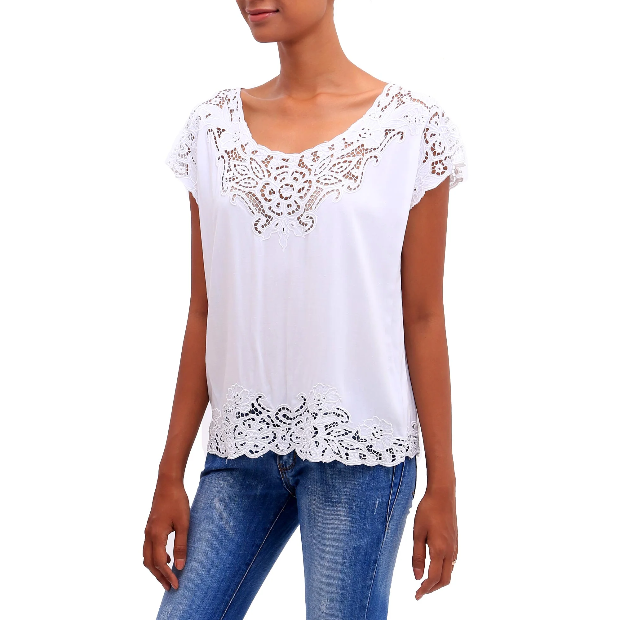 White Kusuma Floral Embroidered Rayon Blouse in White from Bali - Image 3