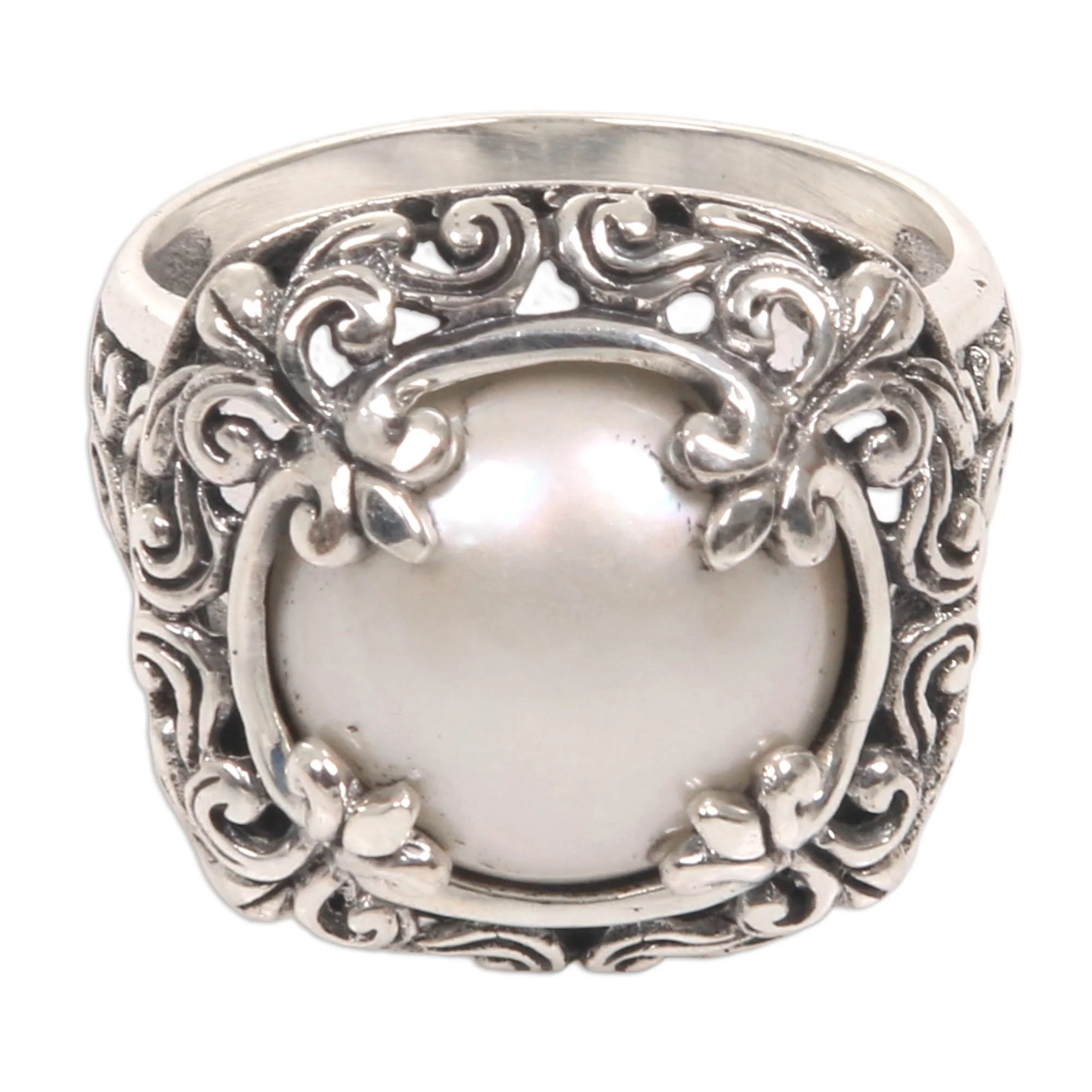 White Lunar Square Crown Pearl & Silver Cocktail Ring - Image 3