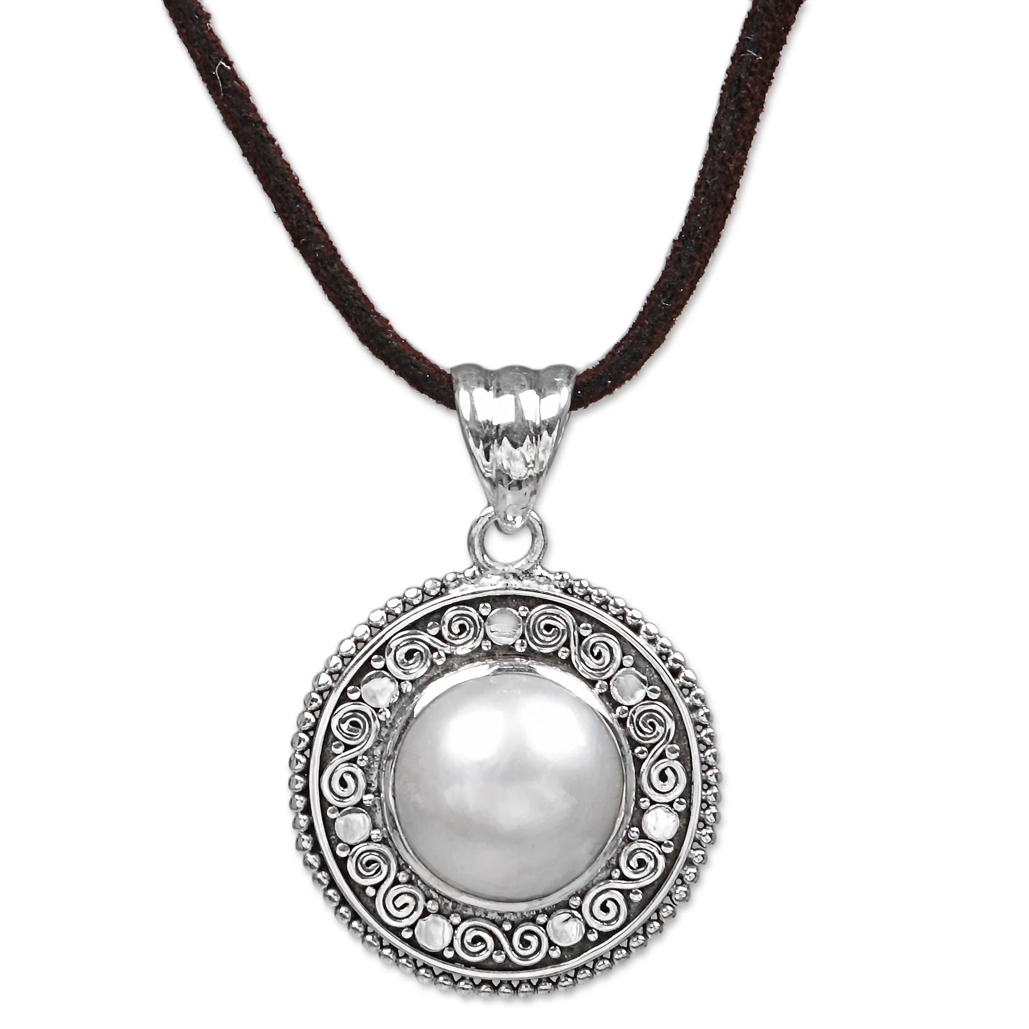 White Orb Silver Pearl Leather Necklace - Image 2